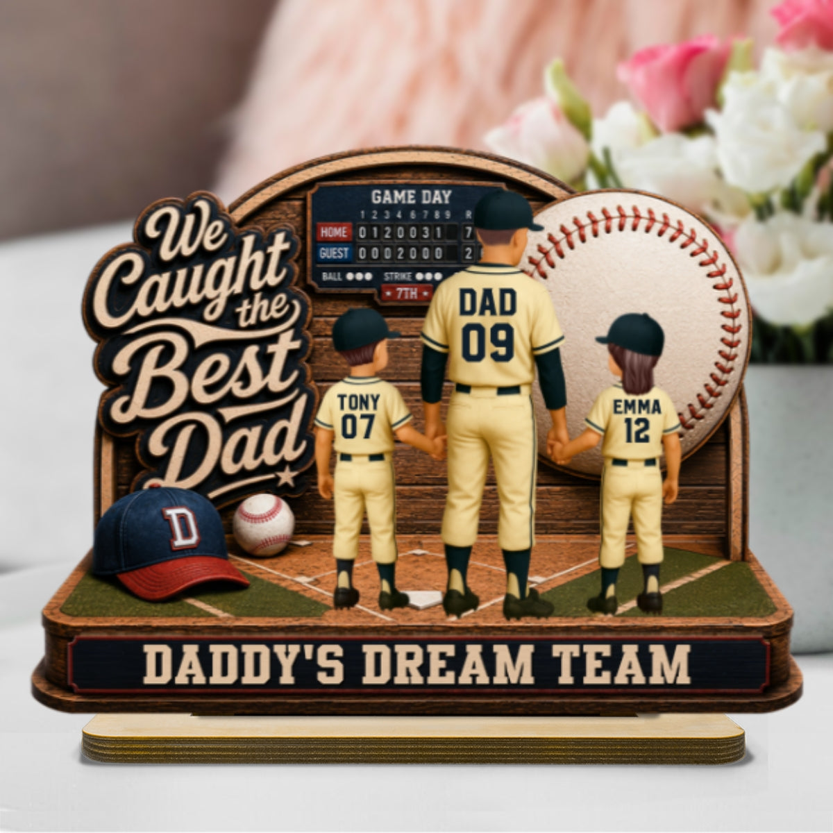 Baseball Things Dad & Kids Back View Standing 2D Flat - Personalized 2-Layered Wooden Plaque - Happy For Baseball Dad