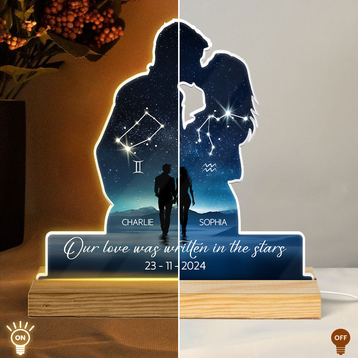 Our Love Was Written In The Stars Personalized Couple Kissing Shaped Acrylic LED Night Light, Anniversary Gift For Her, For Him, Husband, Wife