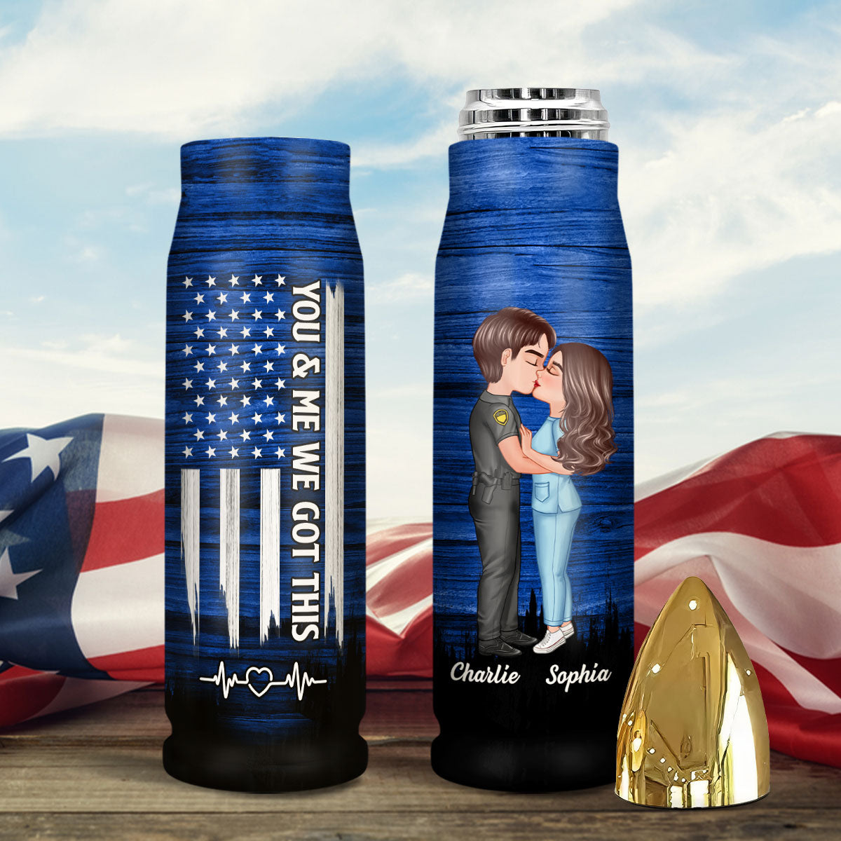 Hero Couple Hugging Kissing Half Flag Gift by Occupation Gift For Her Gift For Him Personalized Bullet Tumbler