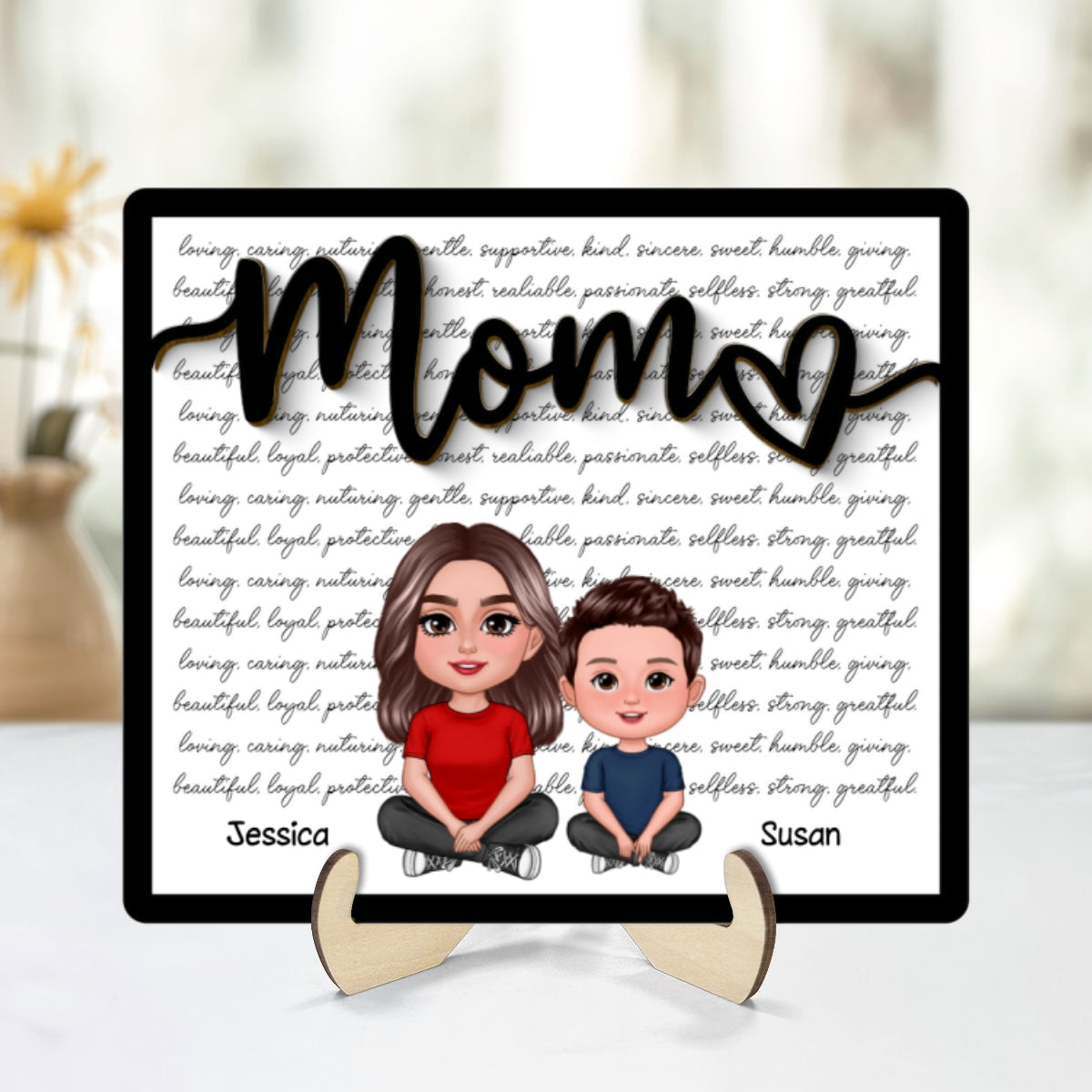 Grandma Mom Kids Crossed Legs Characters Personalized 2-layer Wooden Plaque, Gift For Mom, For Grandma