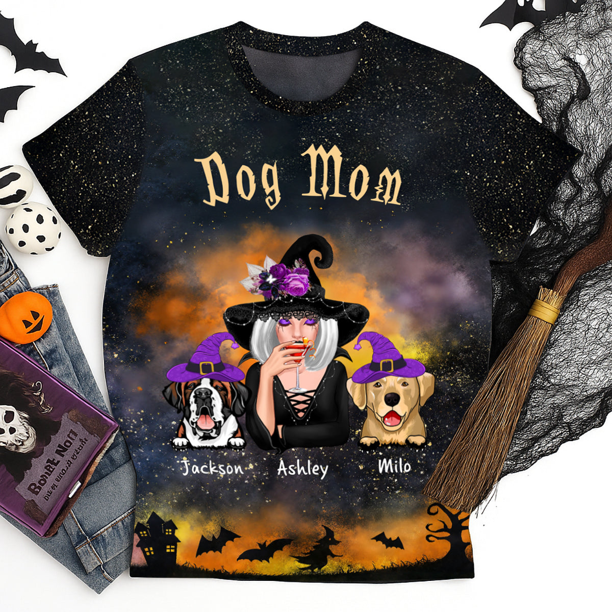 Pretty Witch Dog Mom Witchy Ombre Tie-Dye Pattern Personalized Shirt, Pawfect Costume for Dog Lover