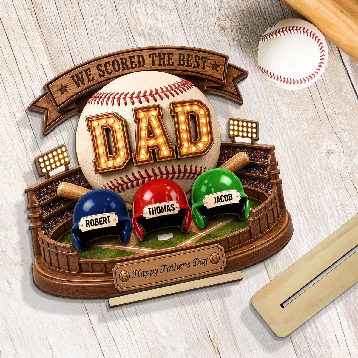 Baseball Dad The Greatest Champion Trophy - Personalized 2-Layered Wooden Plaque - Gift For Dad, Husband