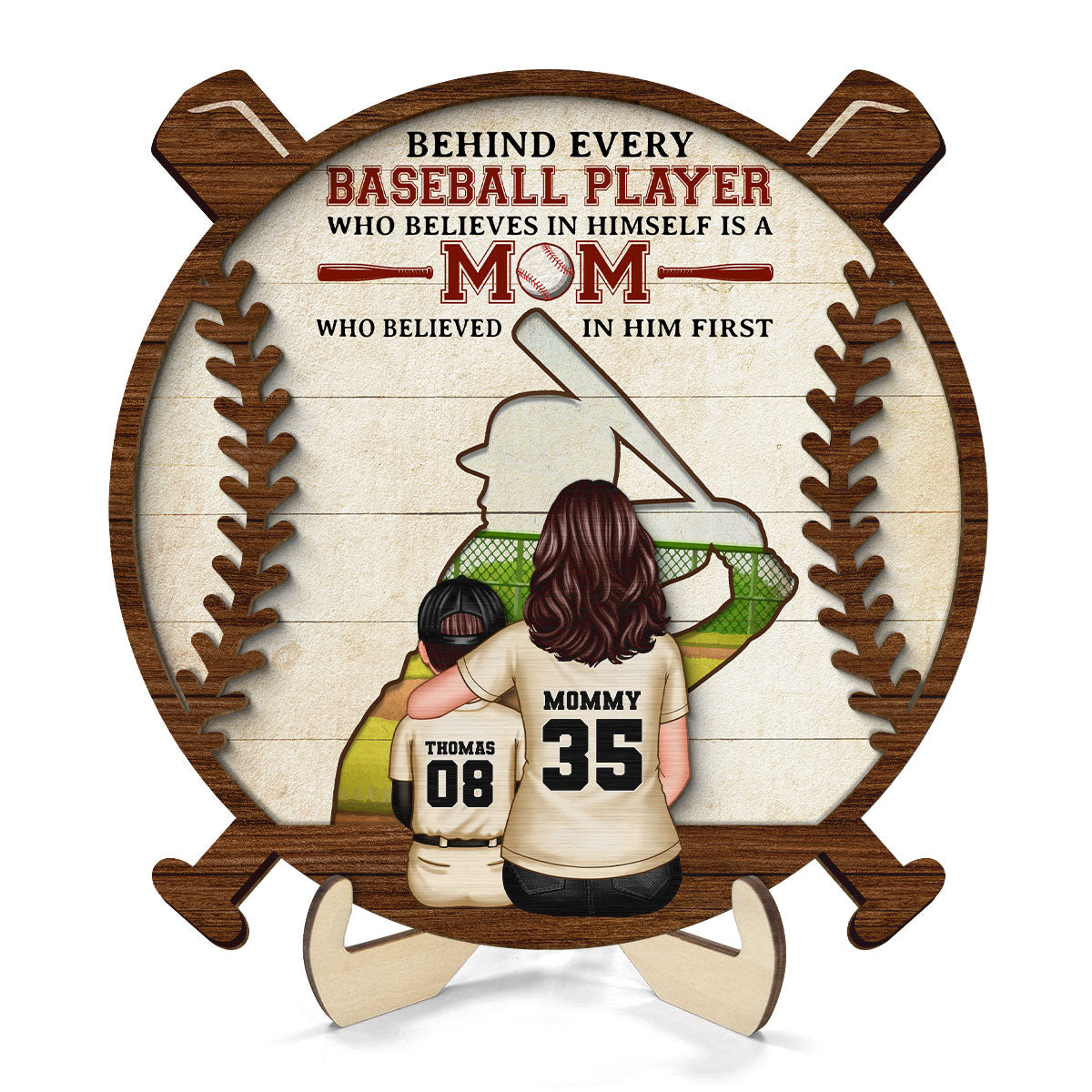 Baseball Mom Behind Every Baseball Player Personalized 2-Layer Wooden Plaque, Gift for Mom