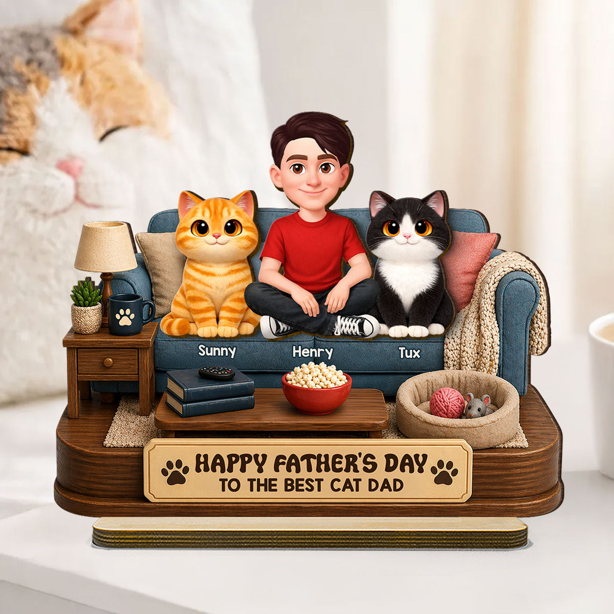 Happy Best Cat Dad - Personalized 2-Layered Wooden Plaque - Gift For Cat Dad, Cat Lovers