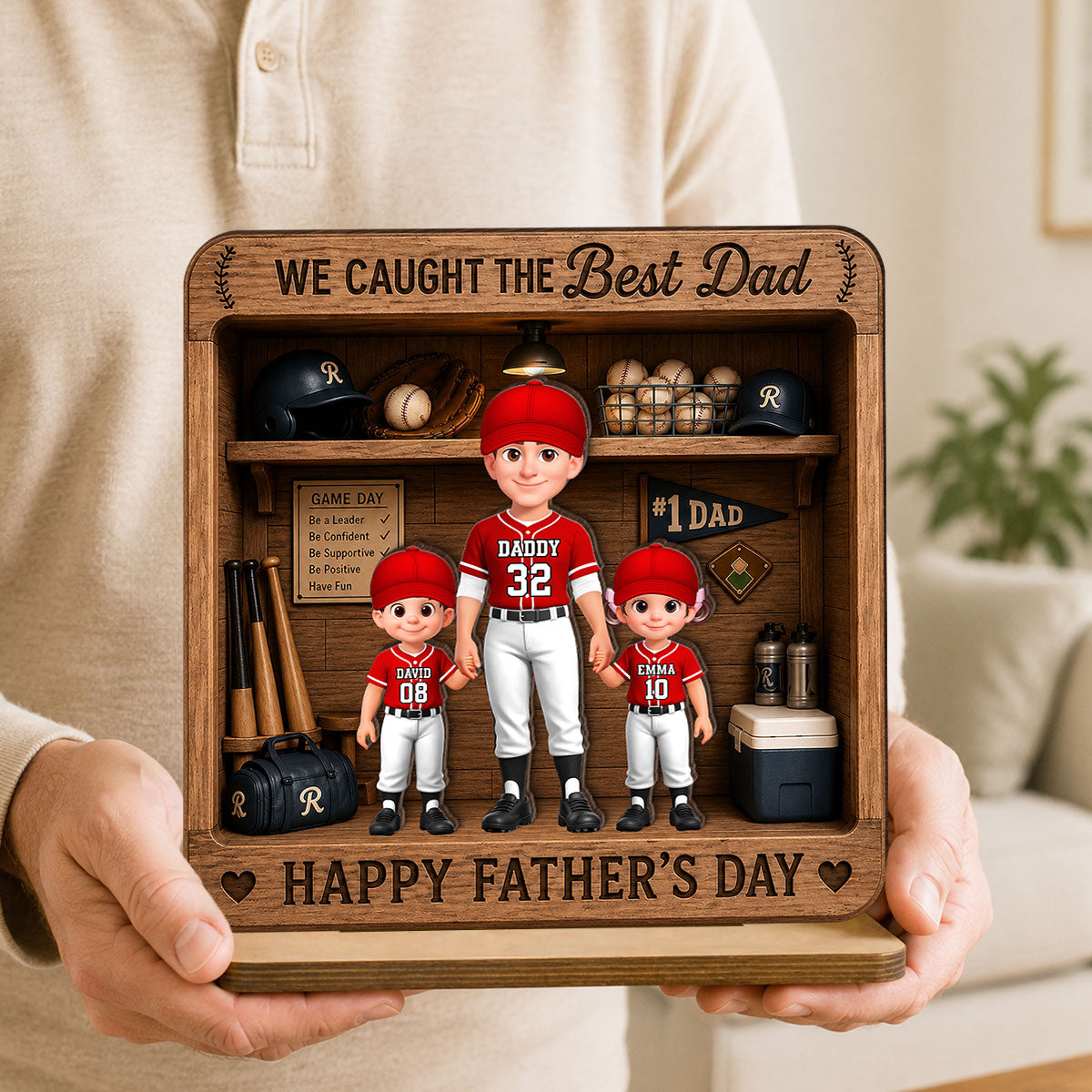 Baseball Dad & Kids Locker Room - Personalized 2-Layered Wooden Plaque - Gift For Dad, Husband