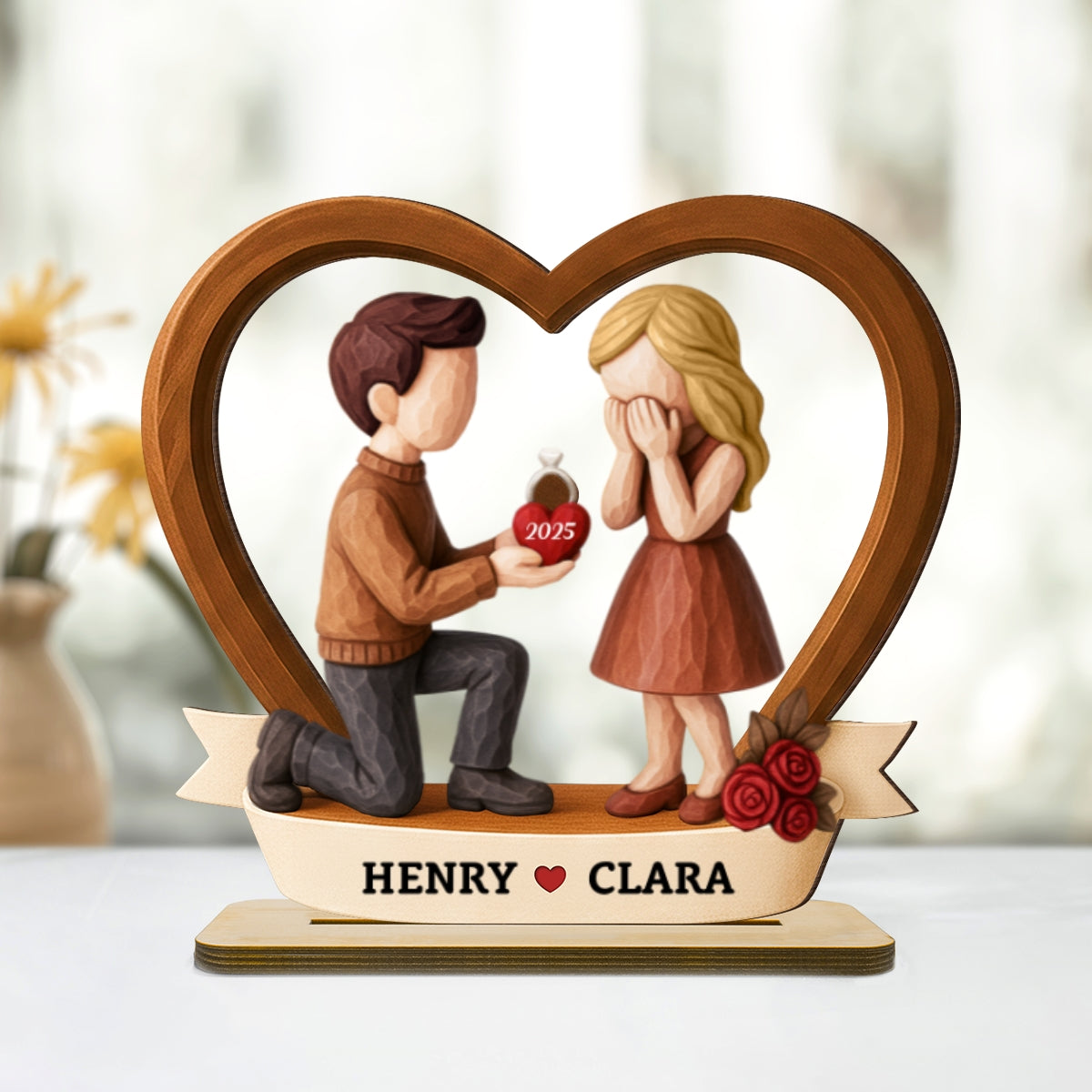 Couple Marriage Proposal 3D Wooden Effect - Personalized Wooden Plaque - Newly Engaged Gift, ""She Said Yes!""