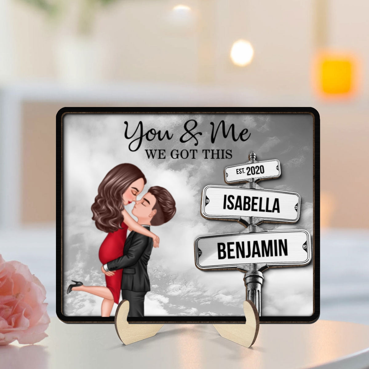 Couple Hugging Milestone Together Personalized Crossroads Street Sign 2-Layered Wooden Plaque, Best Home Bedroom Desk Decor For Couples, Gift For Her, For Him