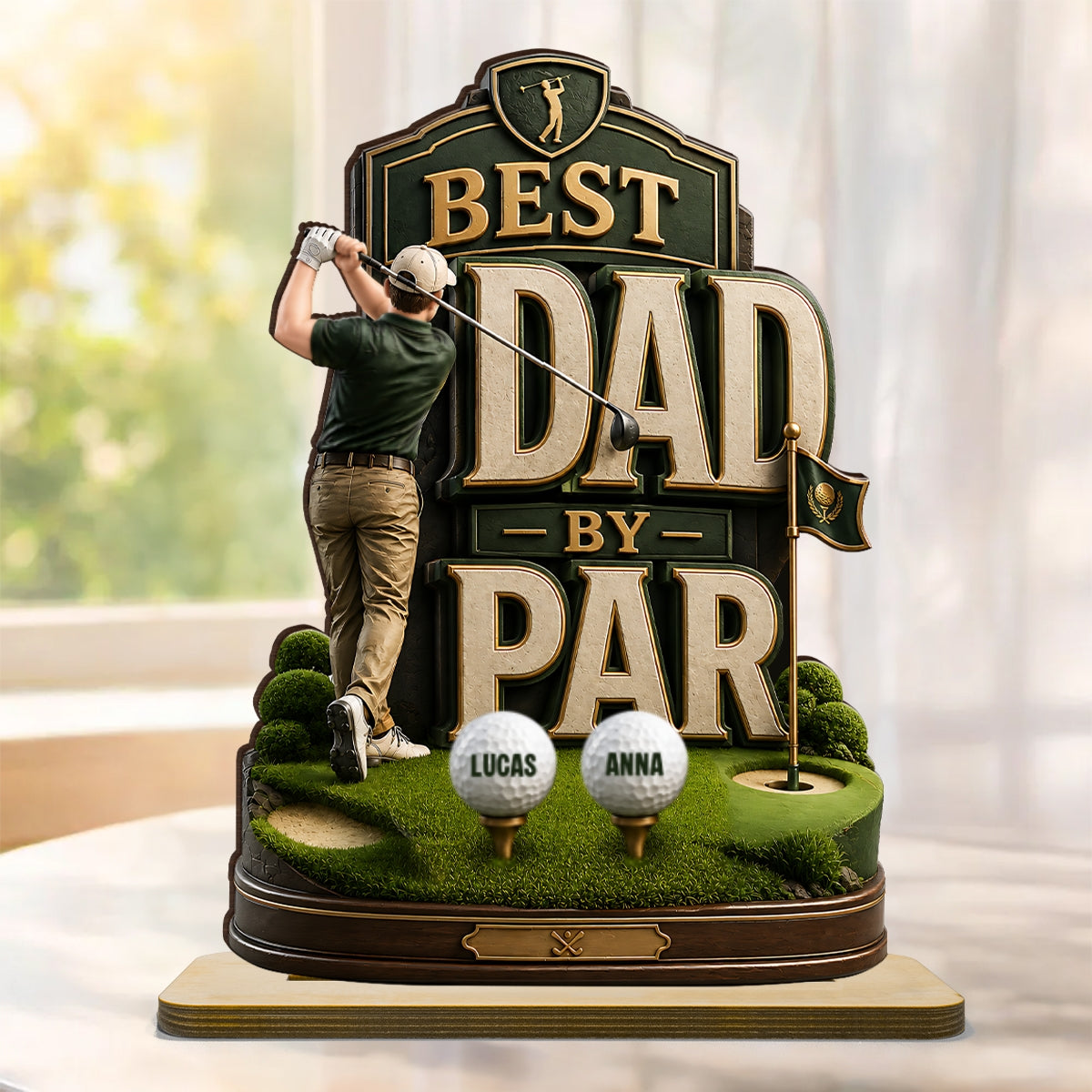 Golf Dad & Kids Best Dad By Par - Personalized 2-Layered Wooden Plaque - Gift For Dad, Husband