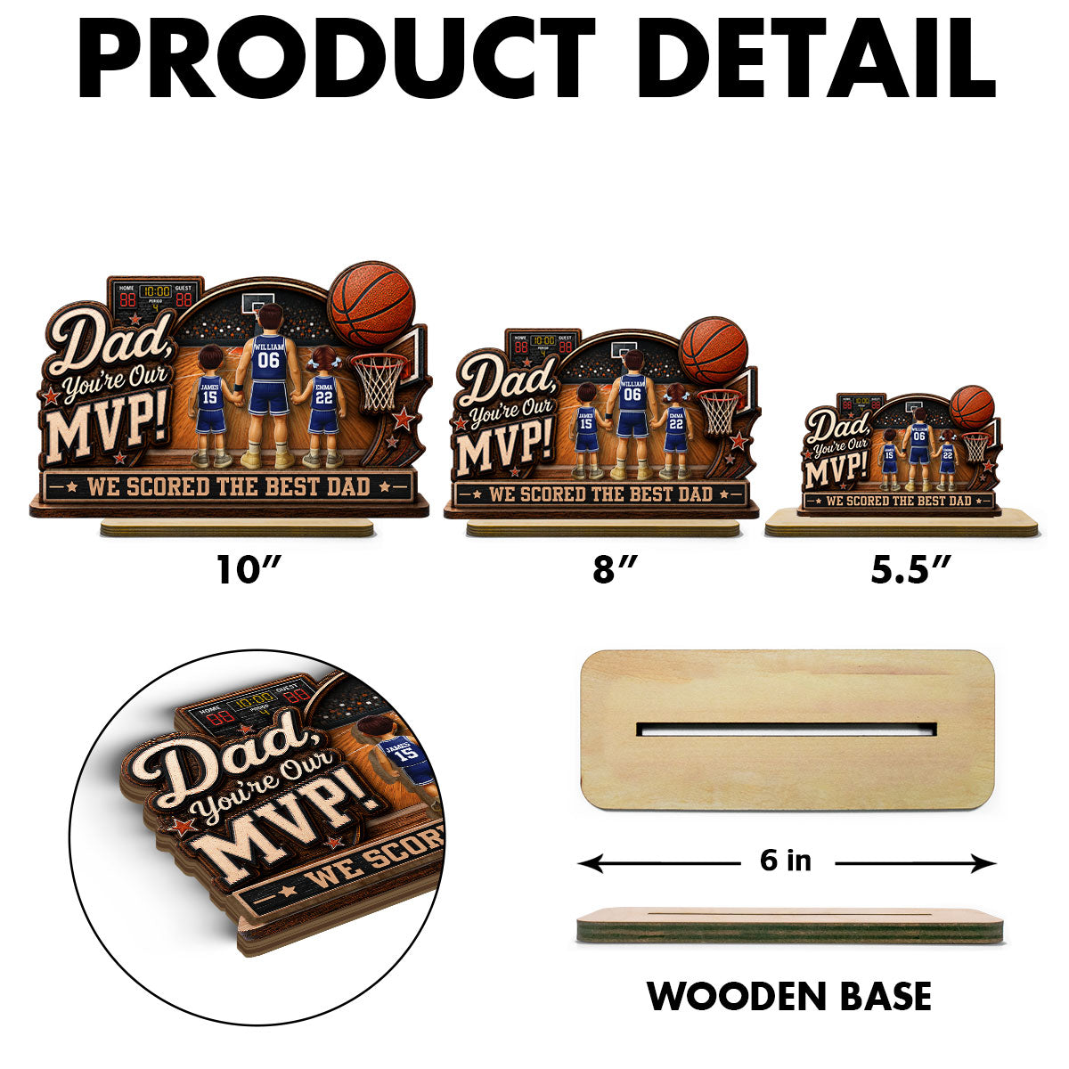 Dad You Are Our MVP Standing Basketball Man & Kids 2D Flat - Personalized 2-Layered Wooden Plaque - Gift For Basketball Dad
