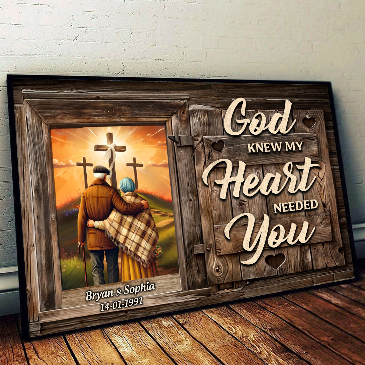 Cross God Knew My Heart Needed You Old Couple Walking Hugging Personalized Poster, Anniversary Gift For Him, Her, Husband, Wife