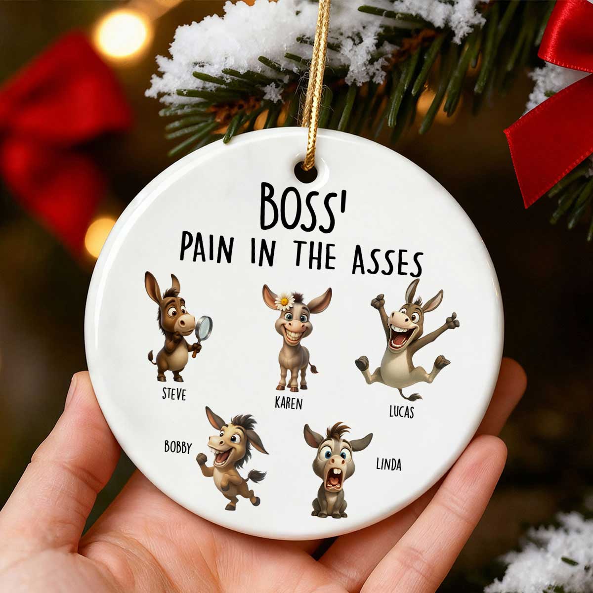 Boss Pain in the Asses, Funny Donkey Office Decoration - Personalized Ceramic Ornament - Custom Employee Gift Exchange, White Elephant Gift