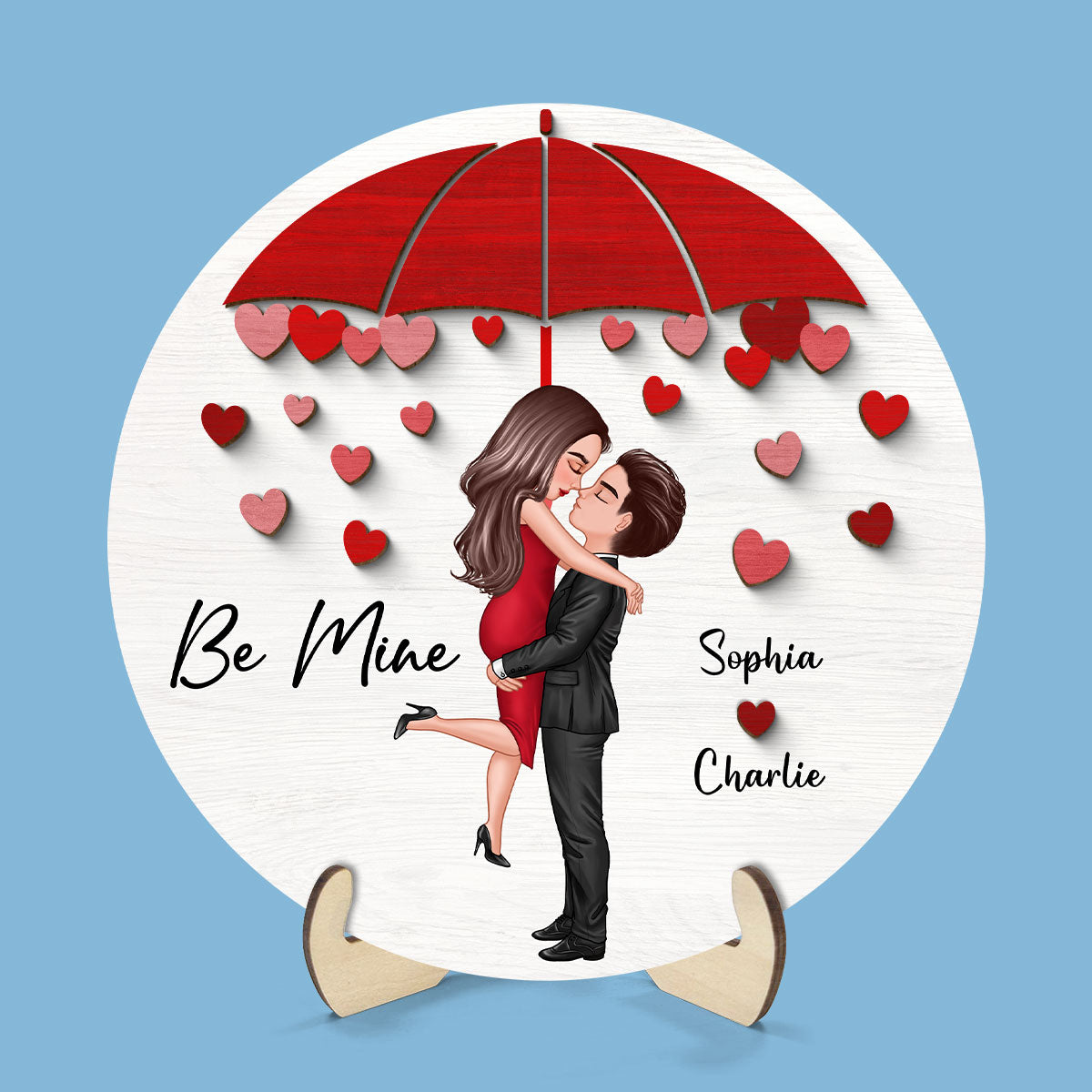 Be Mine Couple Kissing Under Umbrella Personalized 2-layer Wooden Plaque