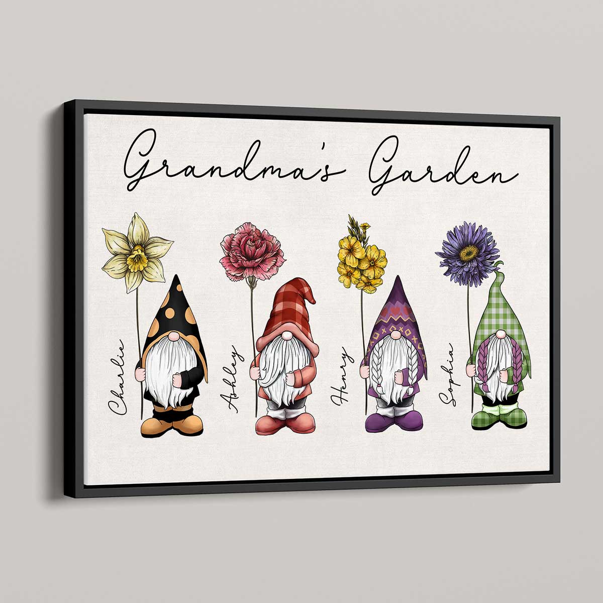 Gift For Grandma Mom Grandma‘s Garden Beautiful Vintage Birth Flowers Cute Gnomes Personalized Horizontal Poster