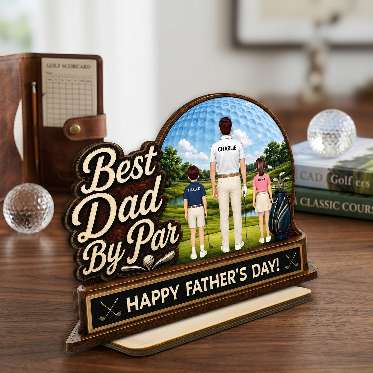 Best Dad By Par Custom Man & Kids Back View - Personalized 2-Layered Wooden Plaque - Gift For Golf Dad