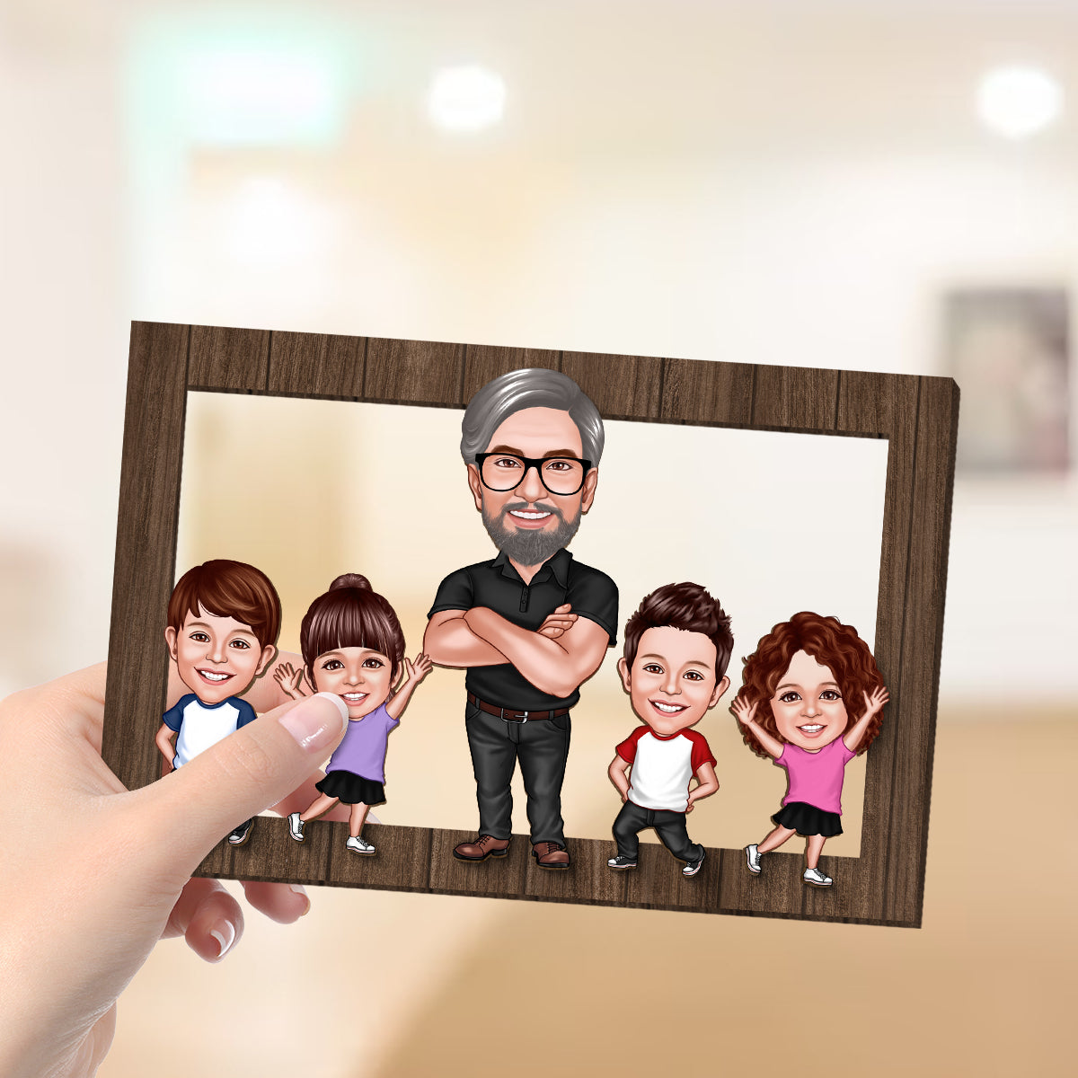 Dad Grandpa Kids Caricature Frame Personalized 2-Layer Wooden Plaque, Gift For Dad, For Husband, For Him