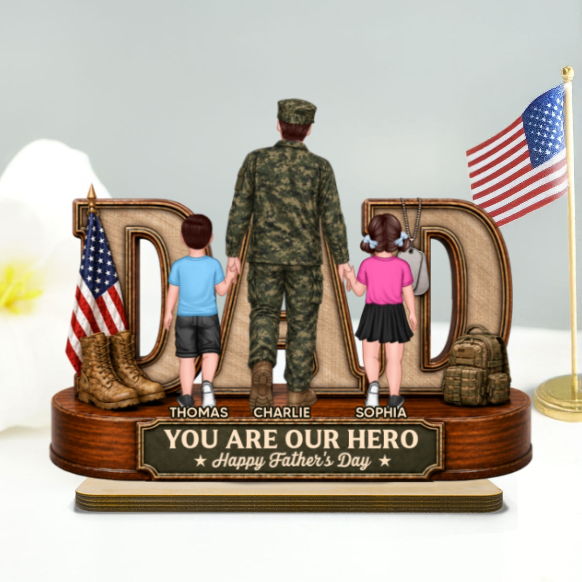 Proud American Army Dad You Are Our Hero - Personalized 2-Layered Wooden Plaque - Gift For Dad, Husband