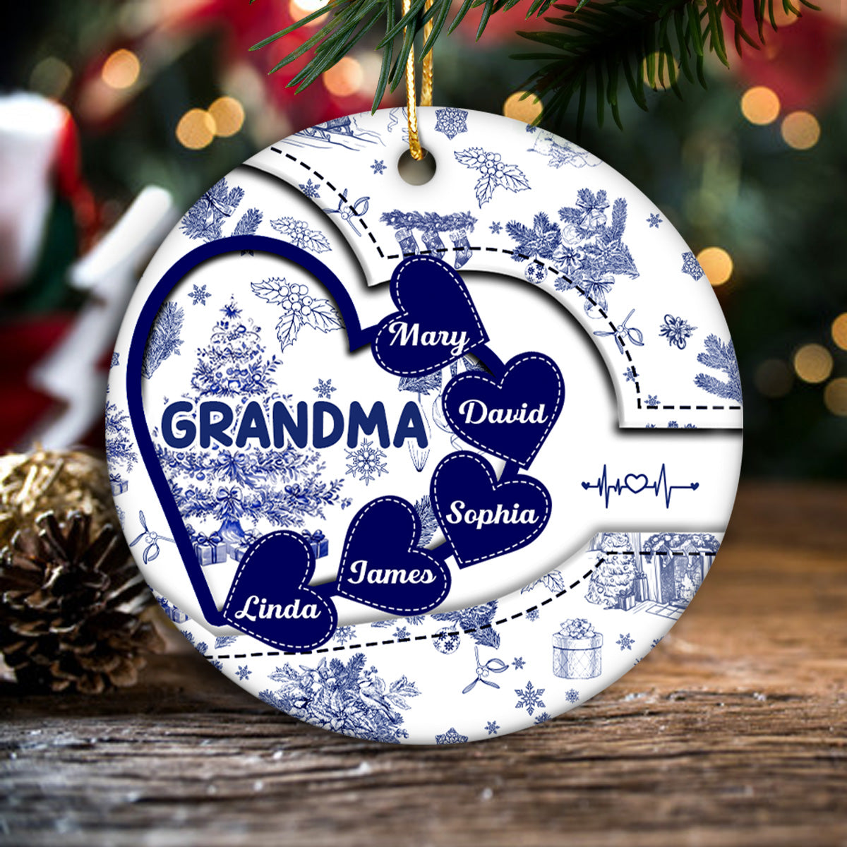 Grandma With Hearts Grandkids' Names Toile De Jouy Style Personalized Circle Ornament