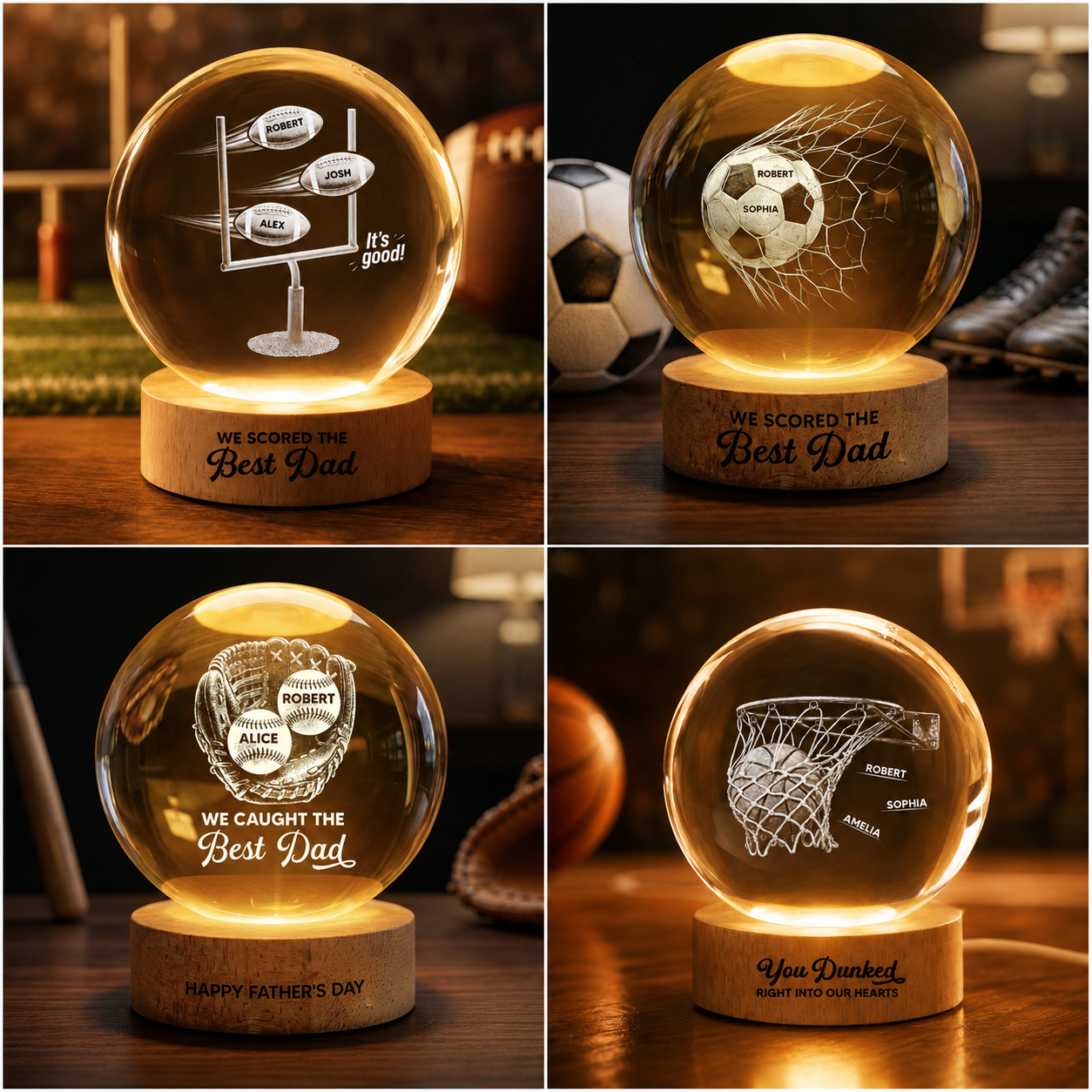 We Scored The Best Dad - Personalized Crystal Ball LED Night Light - Gift For Sport Dad | Soccer, UK Football, Baseball, Basketball, American Football
