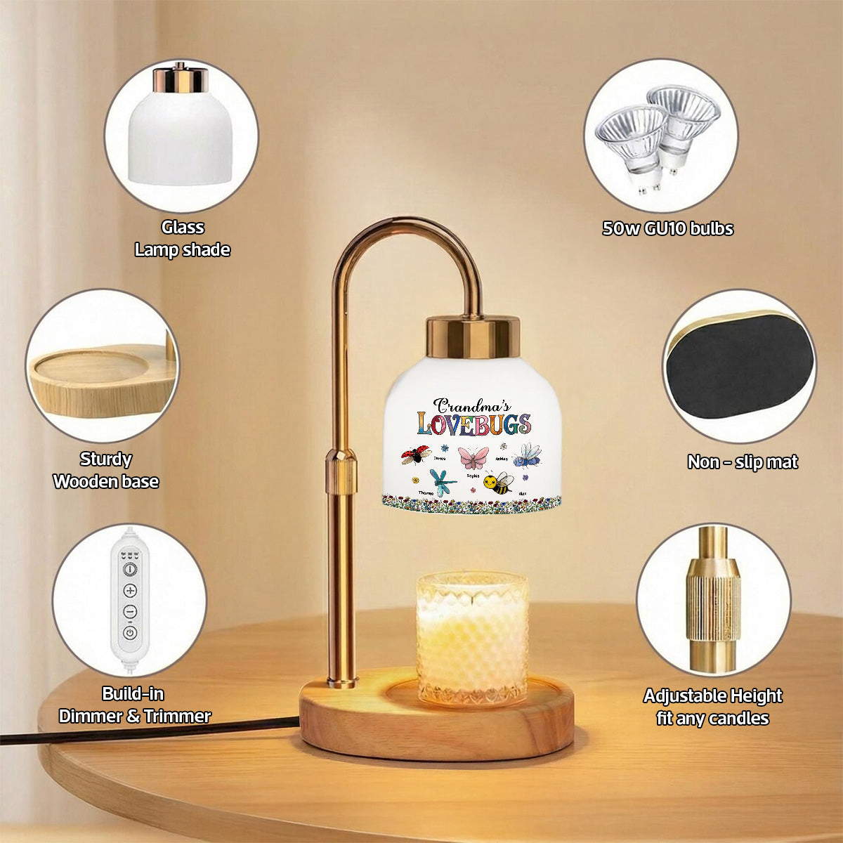 Vintage Grandma's Love Bugs Custom Grandkids Name - Personalized Candle Warmer Lamp - Mother's Day Gift For Grandma, Mom