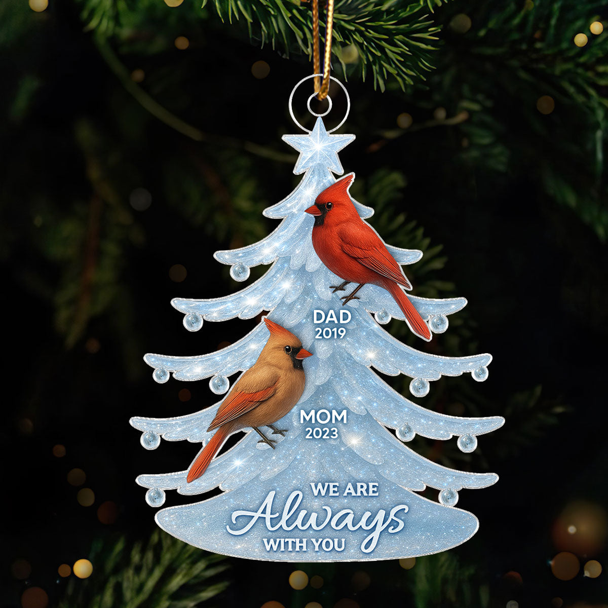 Crystal Christmas Tree Cardinals 3D Effect Personalized Acrylic Ornament, Heartwarming Memorial Sympathy Gift
