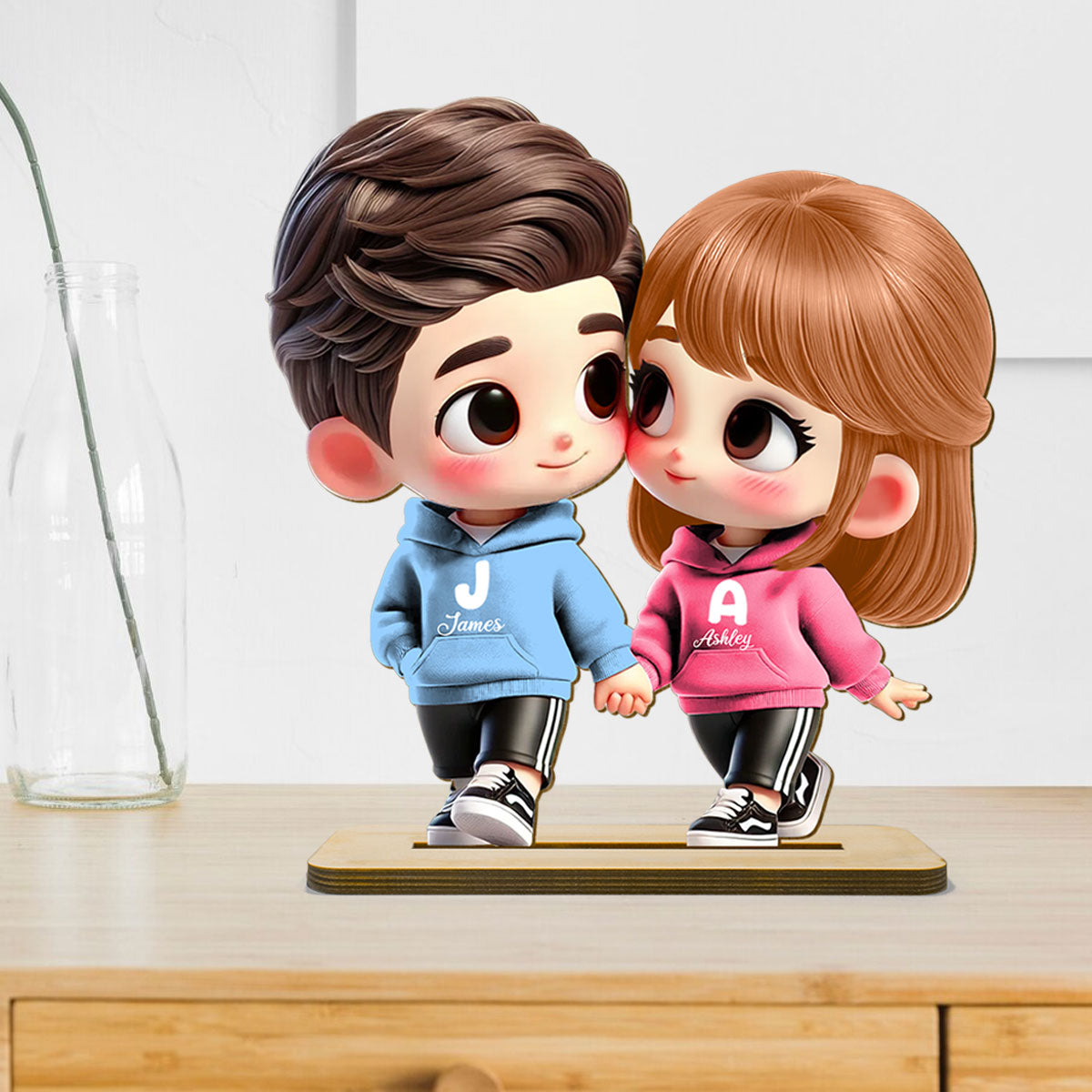 3D Effect Cute Cartoon Couple Holding Hands Personalized Standing Wooden Plaque, Anniversary & Gift for him, Gift for her