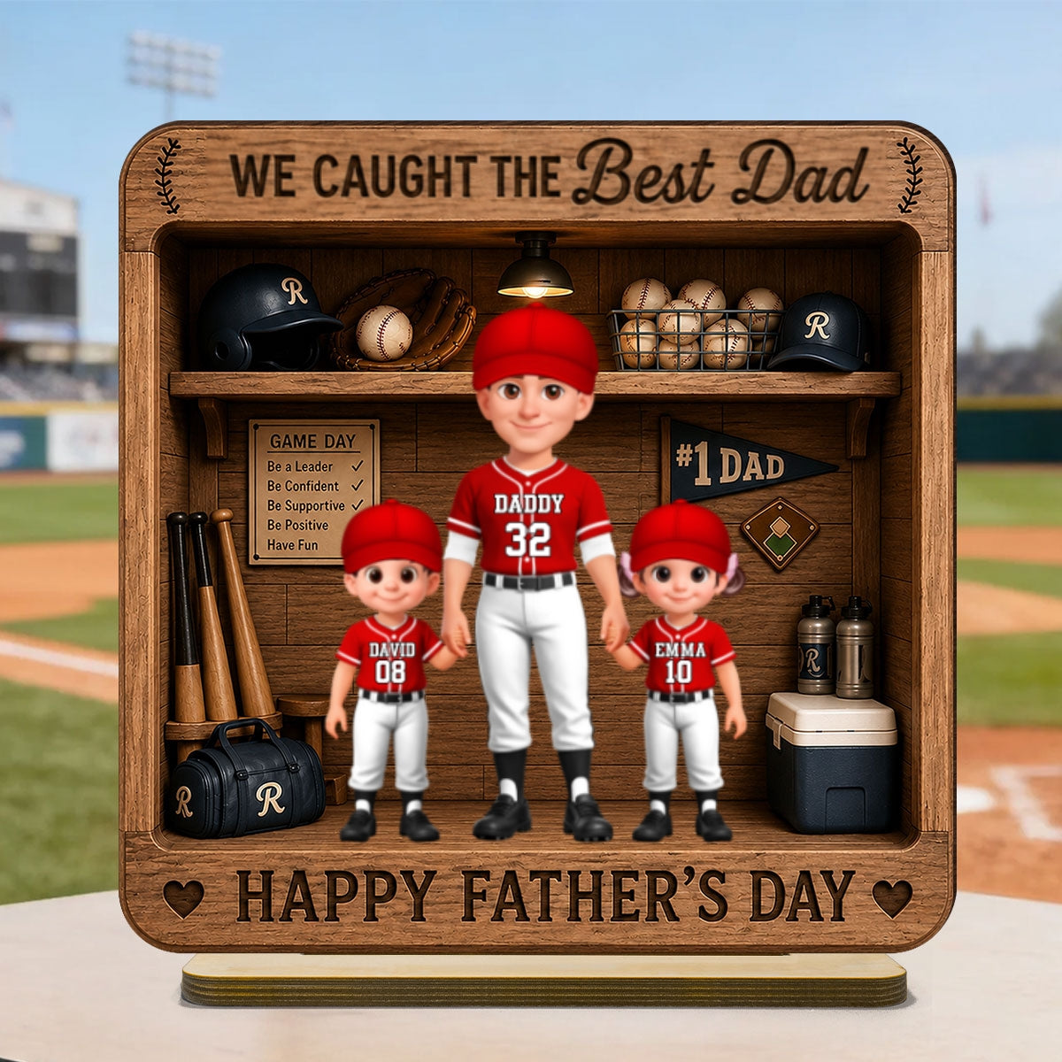 Baseball Dad & Kids Locker Room - Personalized 2-Layered Wooden Plaque - Gift For Dad, Husband