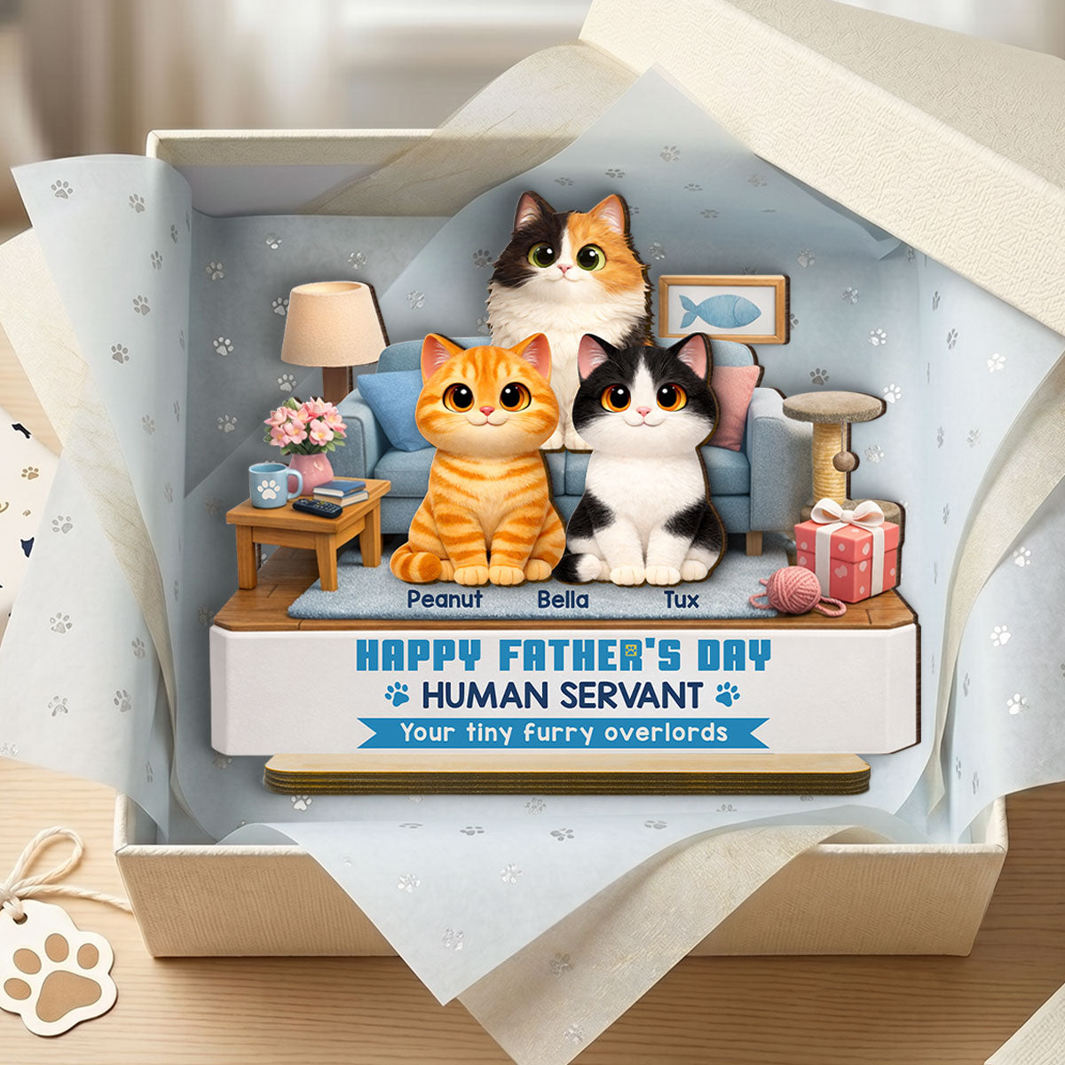 Cat Dad Cute Fluffy Cats Happy Human Servant - Personalized 2-Layered Wooden Plaque - Funny Gift For Cat Dad, Cat Lovers