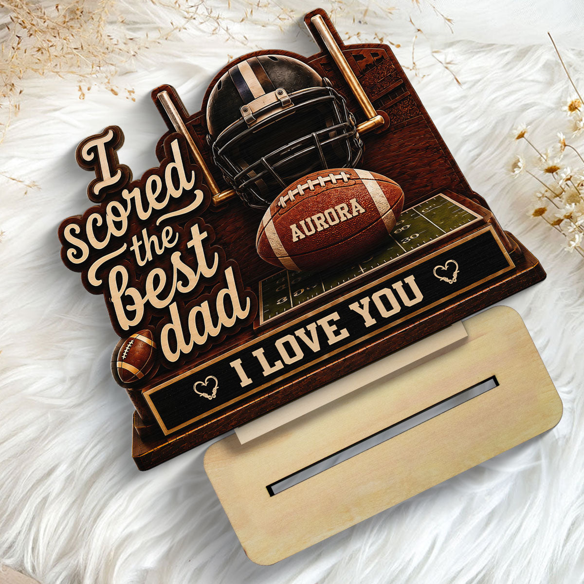 We Scored The Best American Football Dad Custom Name 2D Flat - Personalized 2-Layered Wooden Plaque - Gift For Football Dad