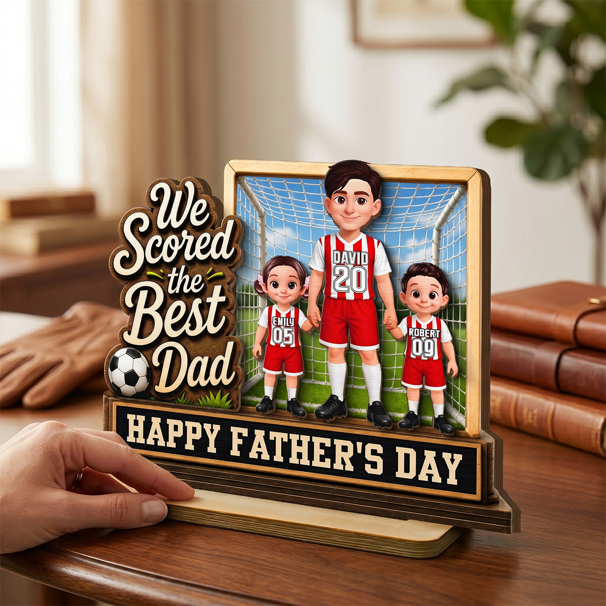 We Scored The Best Dad Dad & Kids In Goal 2D Flat - Personalized 2-Layered Wooden Plaque - Gift For Soccer Dad, UK Football Dad