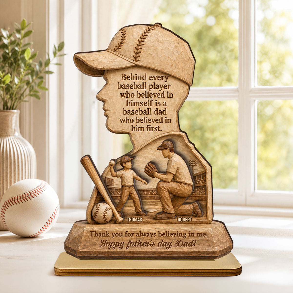Behind Every Baseball Player is a Baseball Dad - Personalized 2-Layered Wooden Plaque - Gift for Dad, Husband