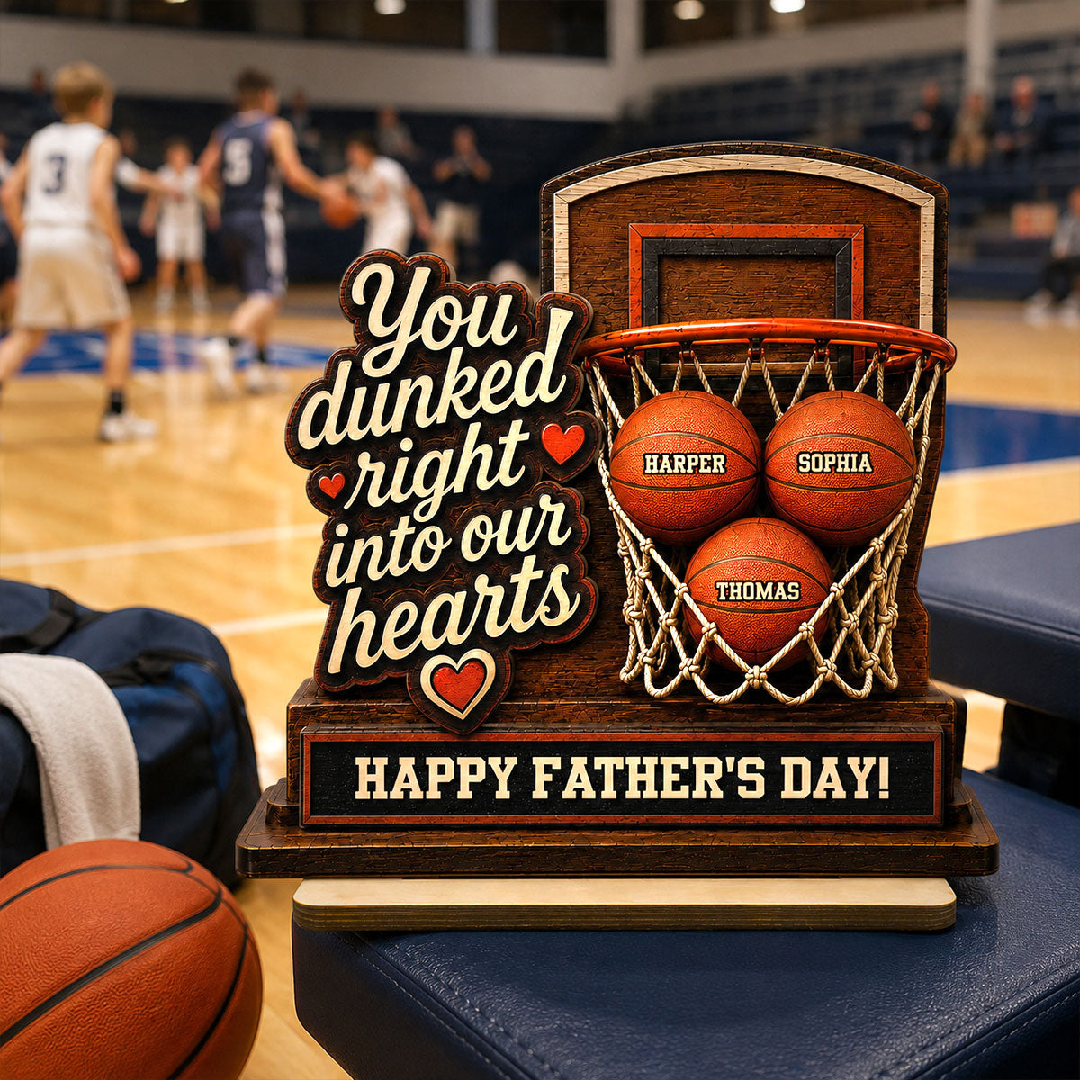 You Dunked Right Into Our Hearts Custom Name 2D Flat - Personalized 2-Layered Wooden Plaque - Gift For Basketball Dad