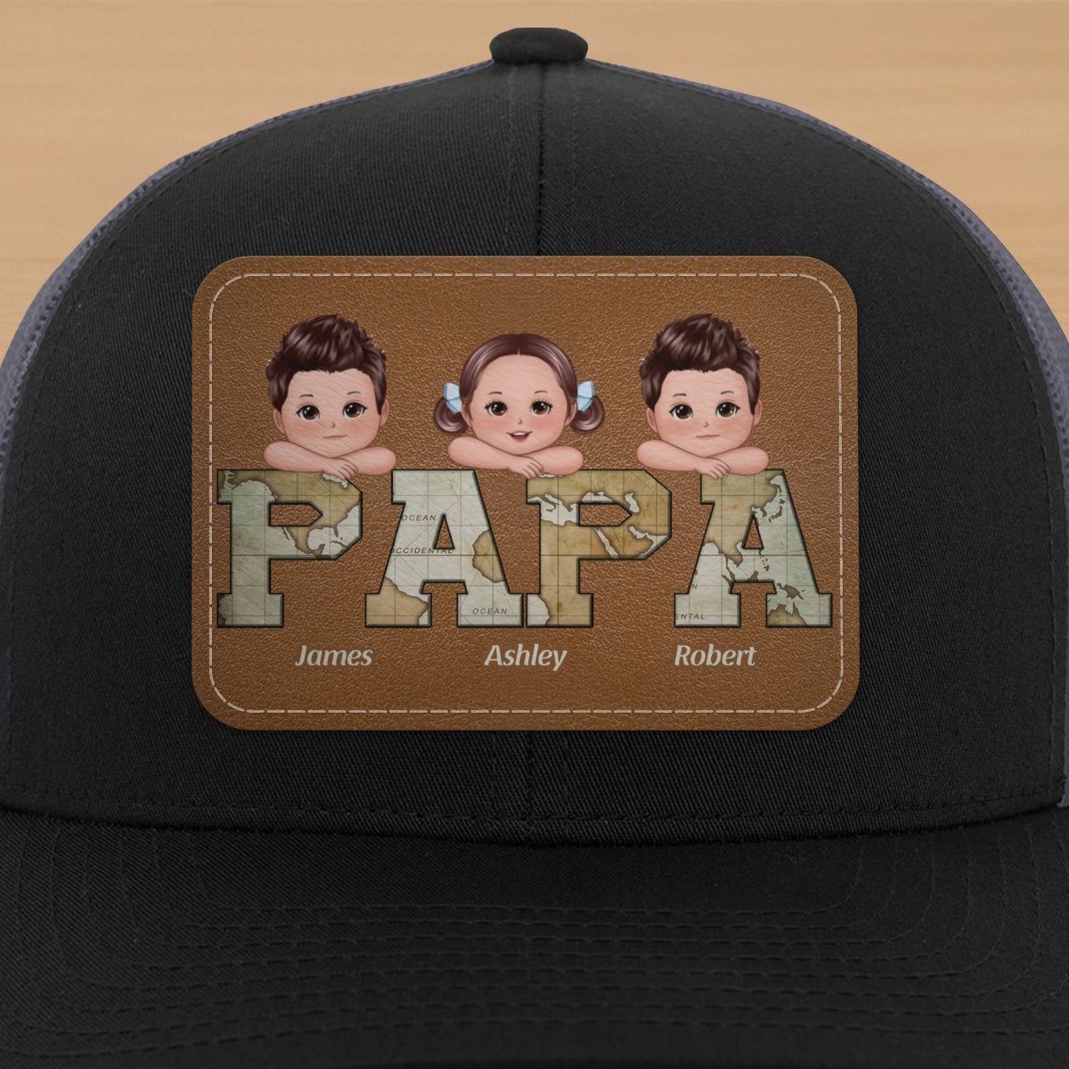 Grandpa Dad We Love You World Map Pattern Doll Kids On Hand Personalized Leather Patch Hat