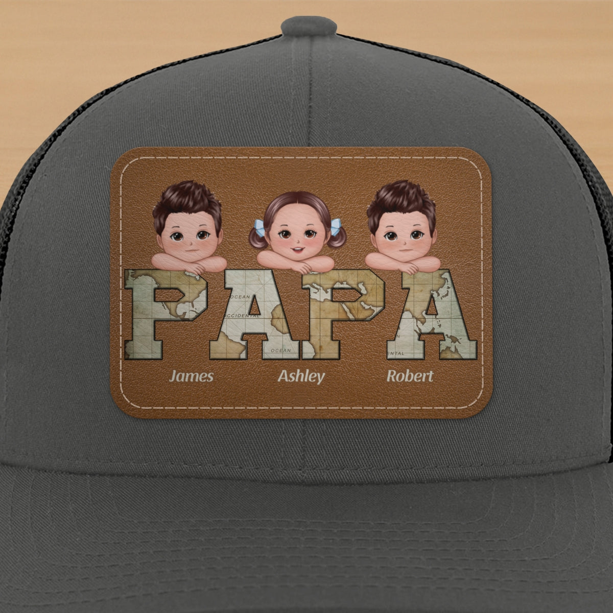 Grandpa Dad We Love You World Map Pattern Doll Kids On Hand Personalized Leather Patch Hat