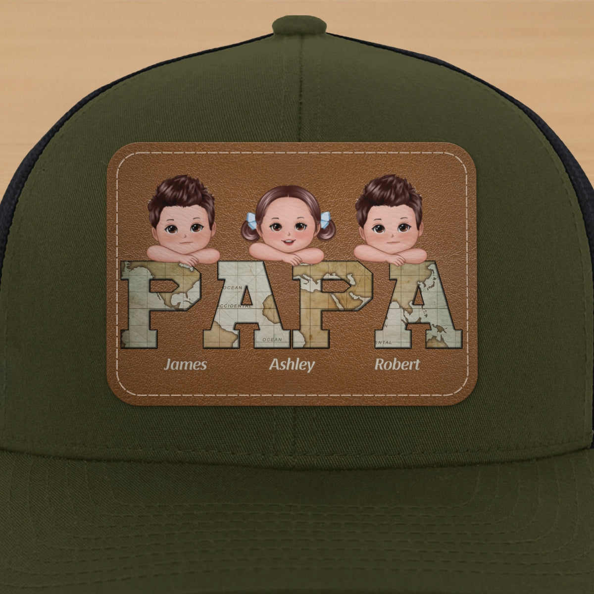 Grandpa Dad We Love You World Map Pattern Doll Kids On Hand Personalized Leather Patch Hat