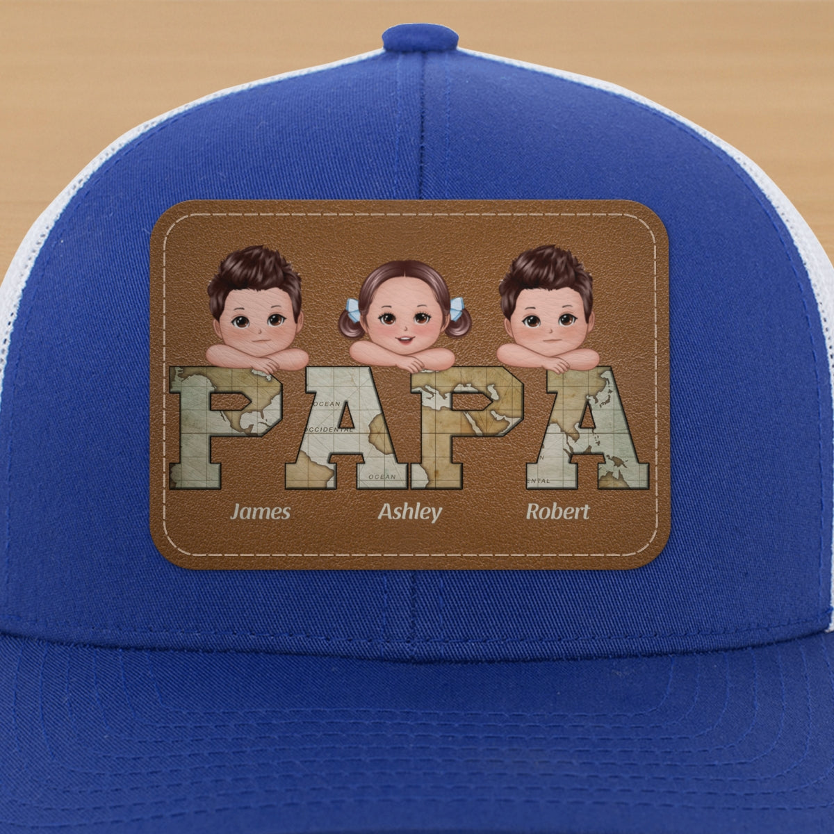 Grandpa Dad We Love You World Map Pattern Doll Kids On Hand Personalized Leather Patch Hat