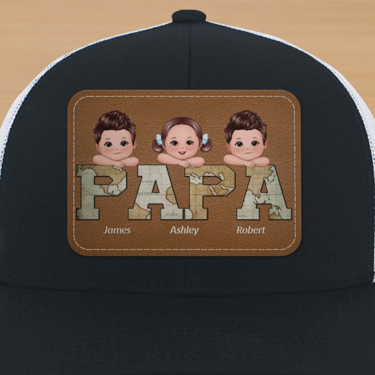 Grandpa Dad We Love You World Map Pattern Doll Kids On Hand Personalized Leather Patch Hat