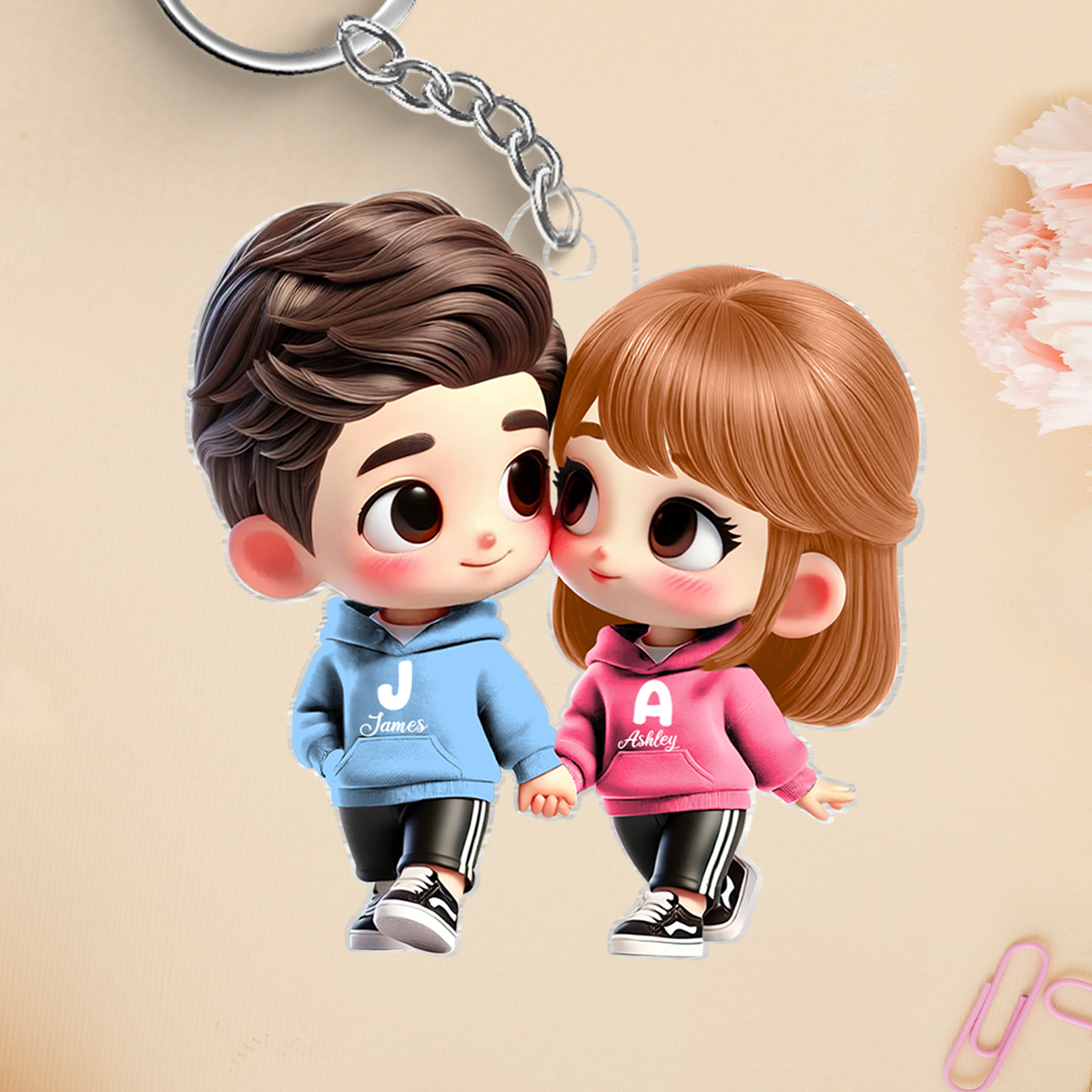 3D Effect Cute Cartoon Couple Holding Hands Personalized Acrylic Keychain, Anniversary & Gift for him, Gift for her