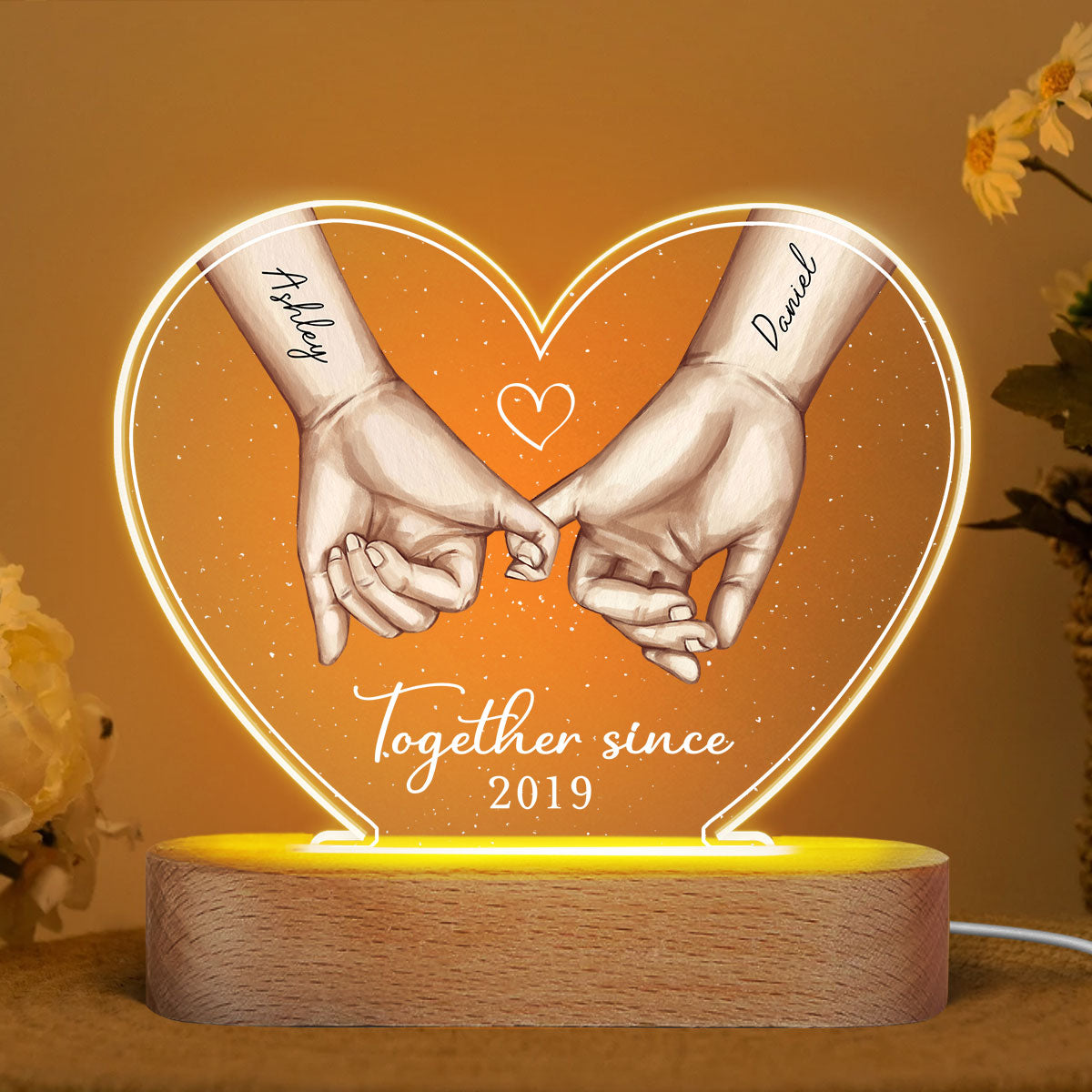 Personalized Couple Hands Pinky Promise Acrylic Heart LED Night Light, gift, Anniversary Gift for Couples