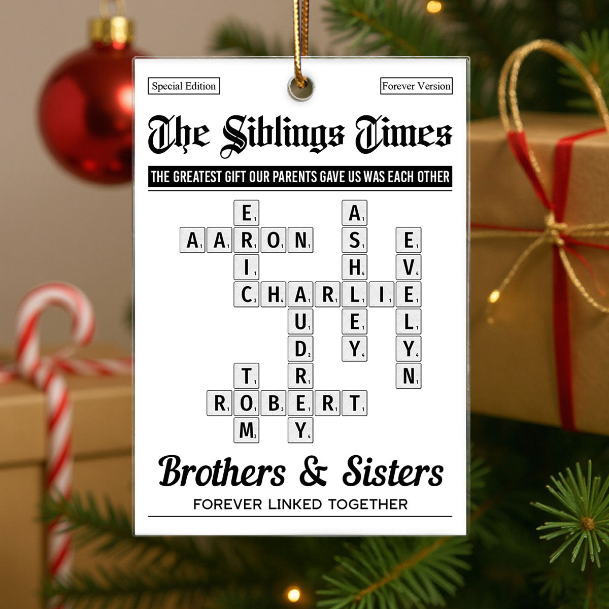 The Siblings Times Crossword Puzzle Newspaper Style - Personalized Acrylic Ornament - Christmas Keepsake Gift For Brothers, Sisters