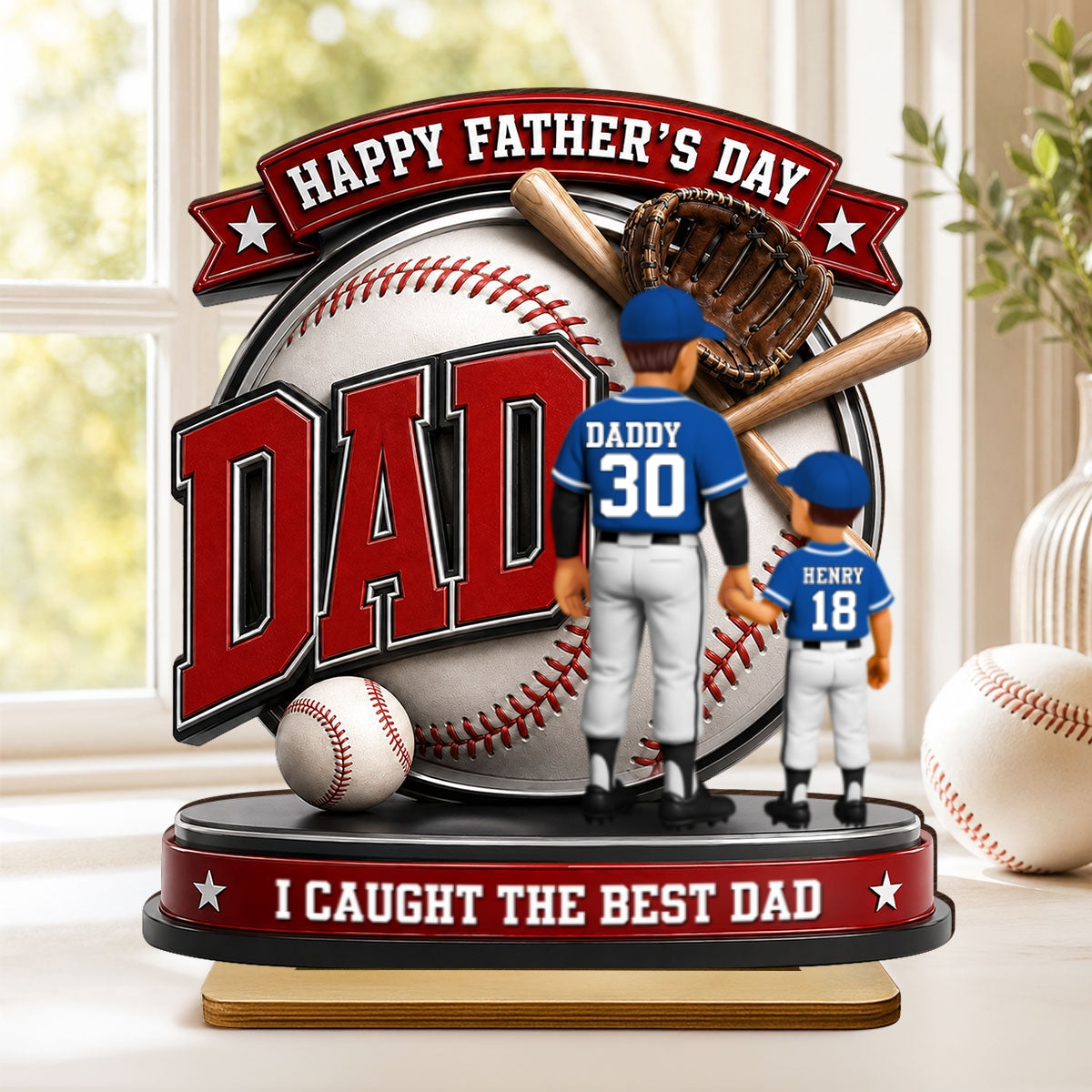 Baseball Dad Home Run Hero - Personalized 2-Layered Wooden Plaque - Gift For Dad, Husband