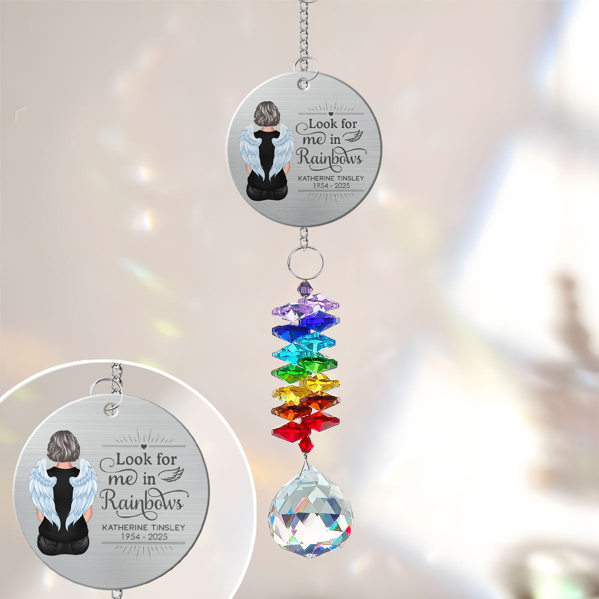 Family Memorial Look For Me In Rainbows Personalized Crystal Suncatcher With Aluminum Charm