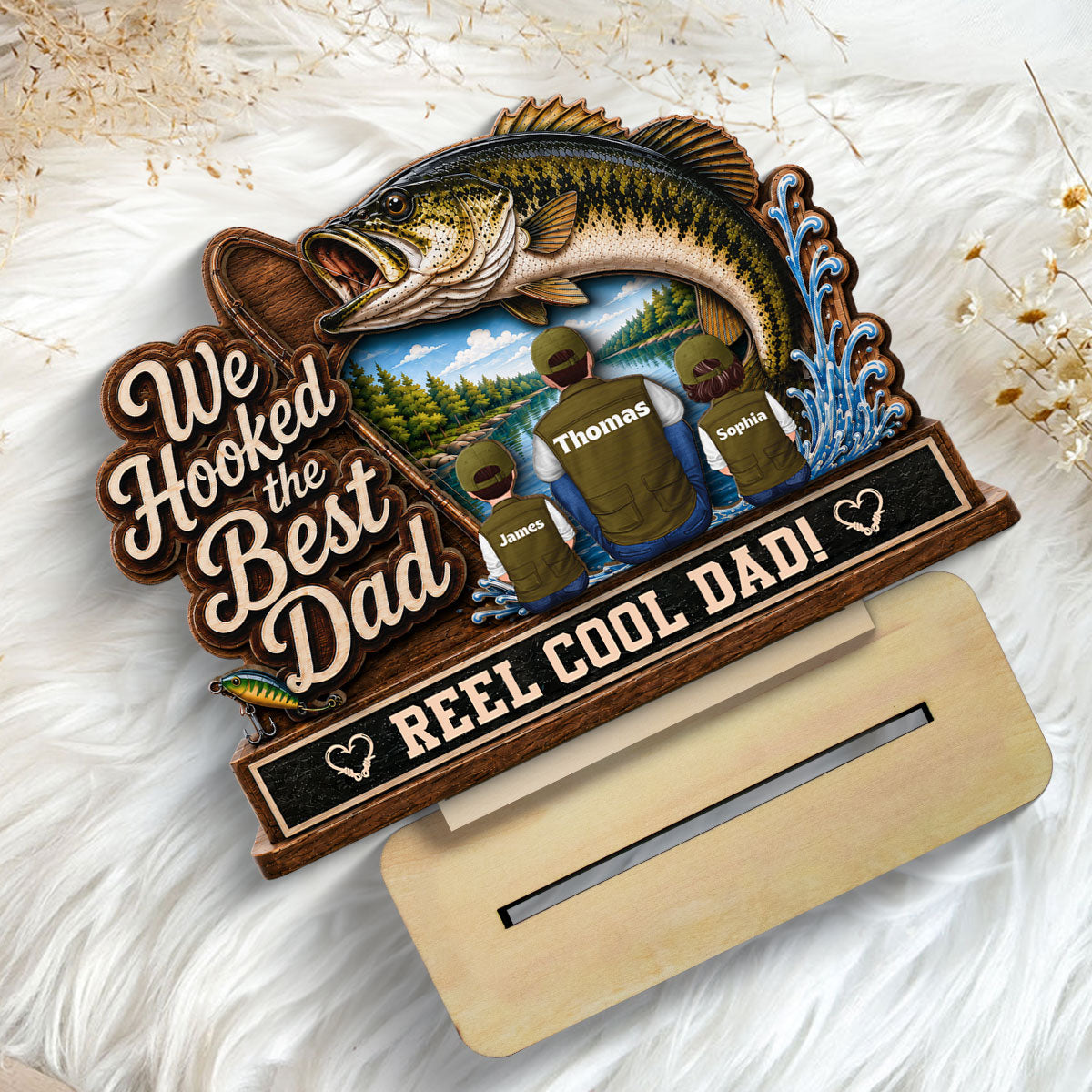 We Hooked The Best Dad Grandpa Back View 2D Flat - Personalized 2-Layered Wooden Plaque - Gift For Fishing Lovers
