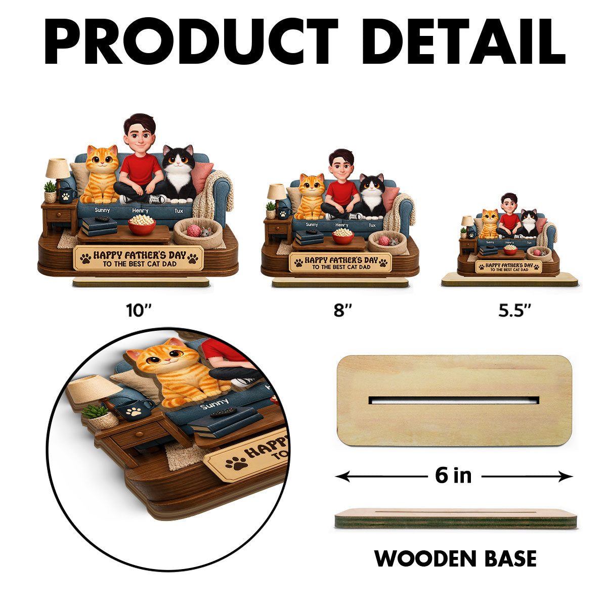 Happy Best Cat Dad - Personalized 2-Layered Wooden Plaque - Gift For Cat Dad, Cat Lovers