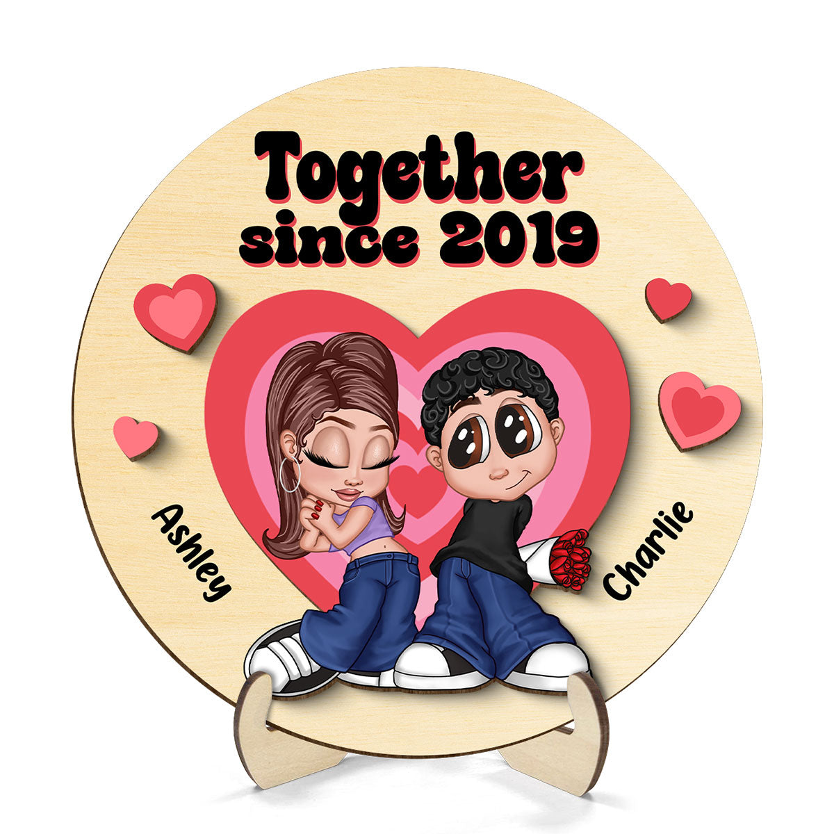 Y2K Couple Hearts Personalized 2-layer Wooden Plaque, Unique Valentine's Day Gift For Him, Gift For Her