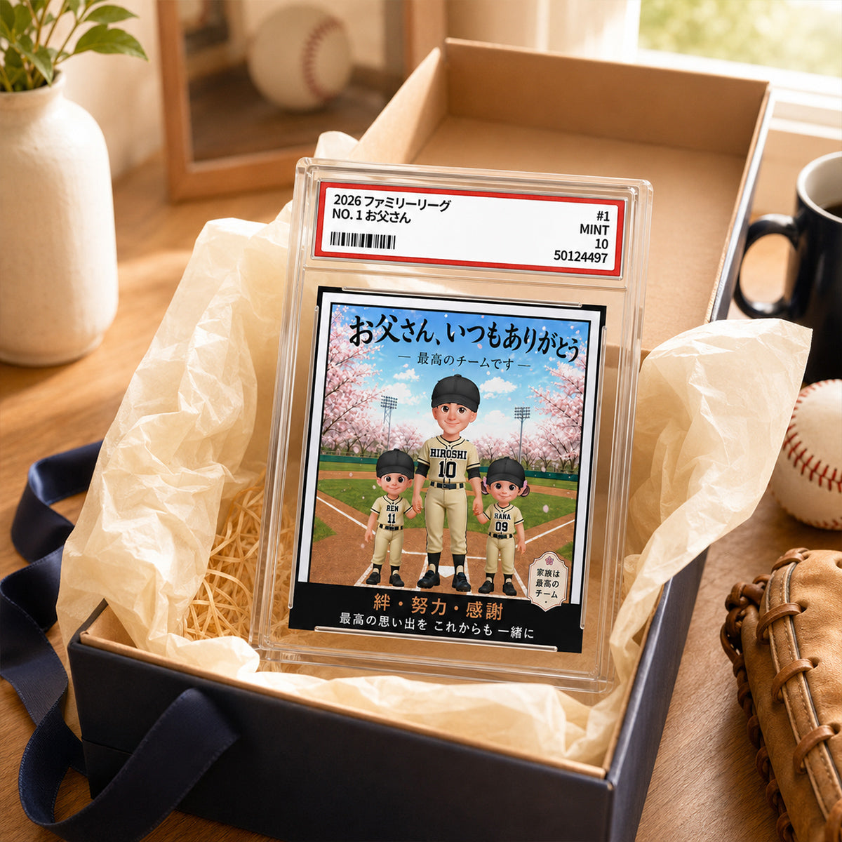 Baseball Dad Man & Kids Trading Card Style - Personalized Acrylic Block Plaque - Gift For Baseball Dad - Japanese Version