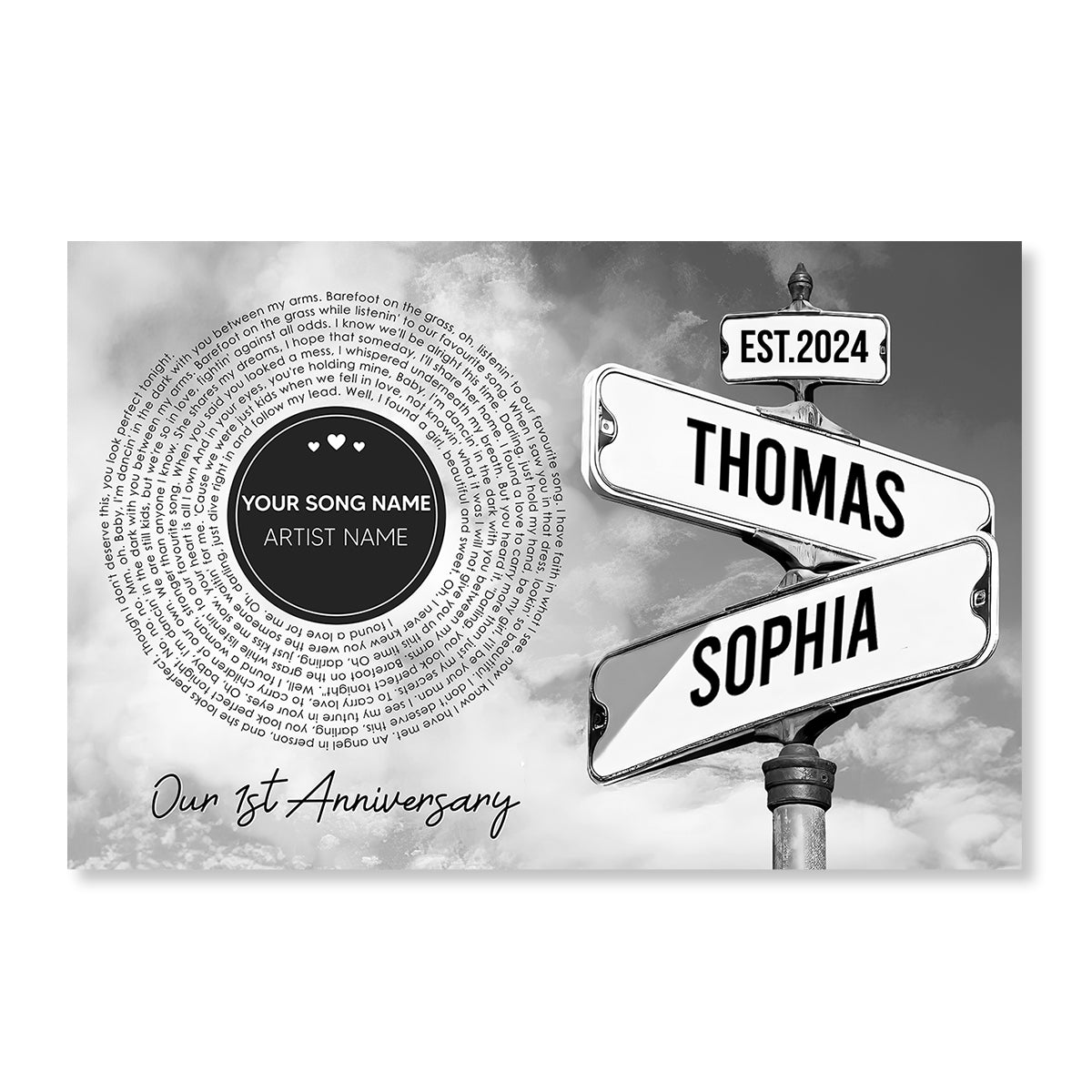 Vintage Crossroads Street Sign Song Lyrics Art Personalized Poster, Anniversary Gift For Girlfriend Boyfriend Wife Husband