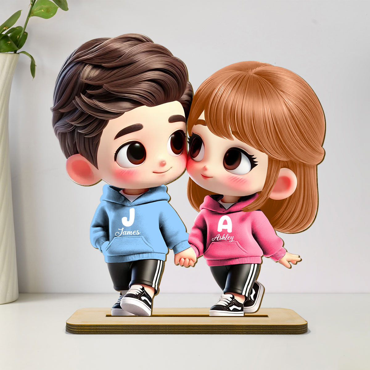 3D Effect Cute Cartoon Couple Holding Hands Personalized Standing Wooden Plaque, Anniversary & Gift for him, Gift for her