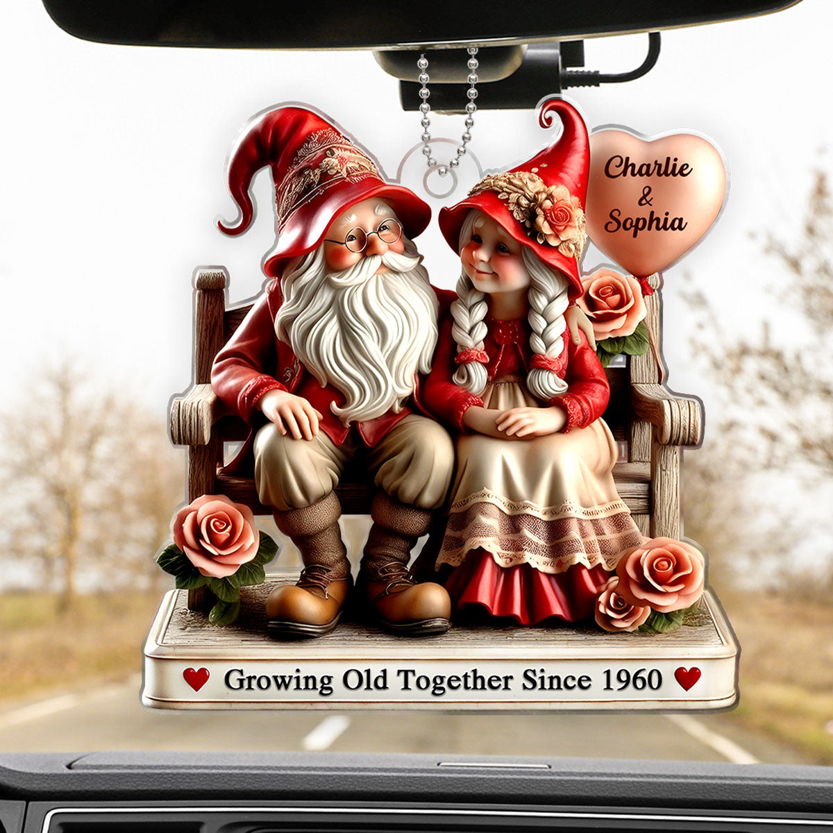 3D Effect Gnome Old Couple Sitting On Bench Personalized Car Hanger Ornament, Valenine's Day Gift For Couple, For Him, For Her, Husband, Wife