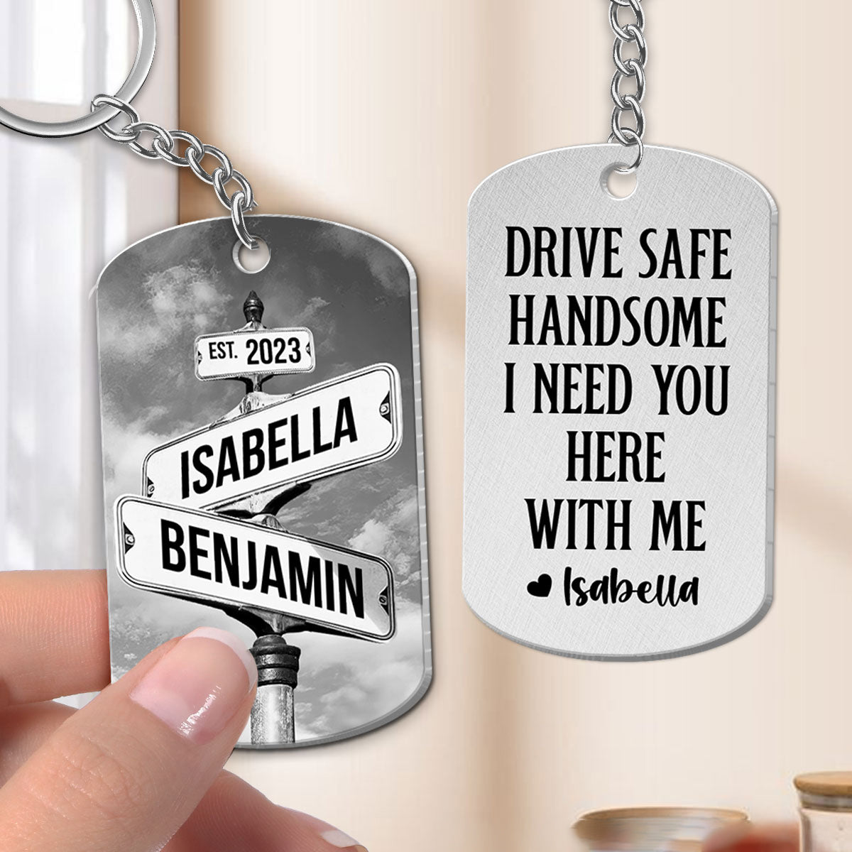 Drive Safe I Need You Vintage Crossroads Street Sign Personalized Metal Keychain, Anniversary Gift For Him, Boyfriend, Husband