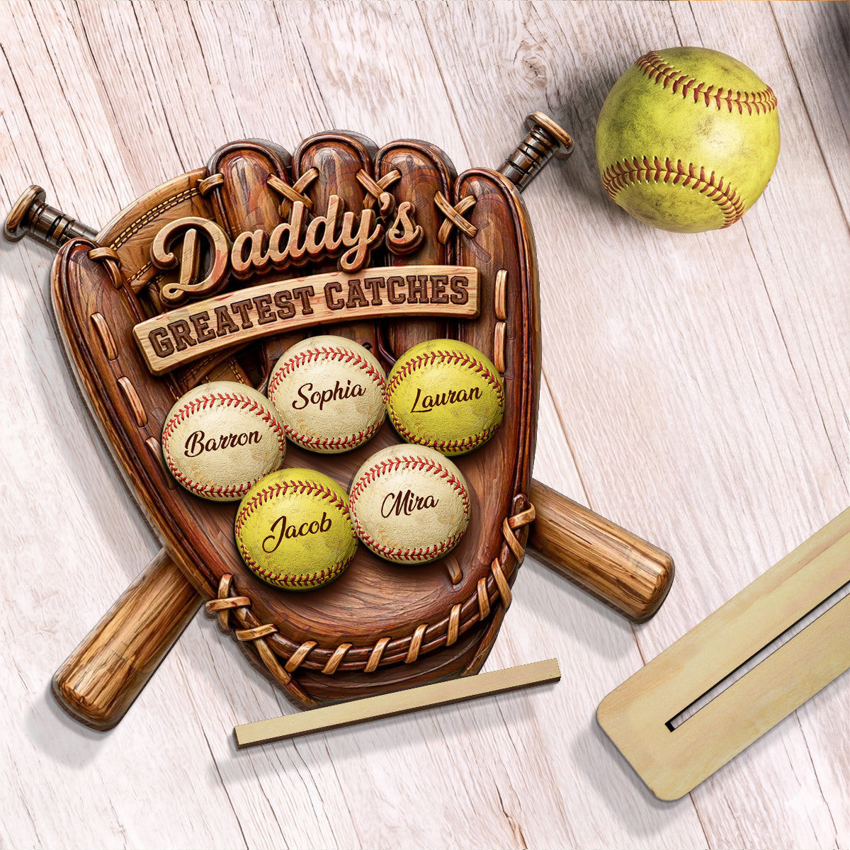 Daddy's Greatest Catches Baseball Softball - Personalized 2-Layered Wooden Plaque - Gift for Husband, Dad